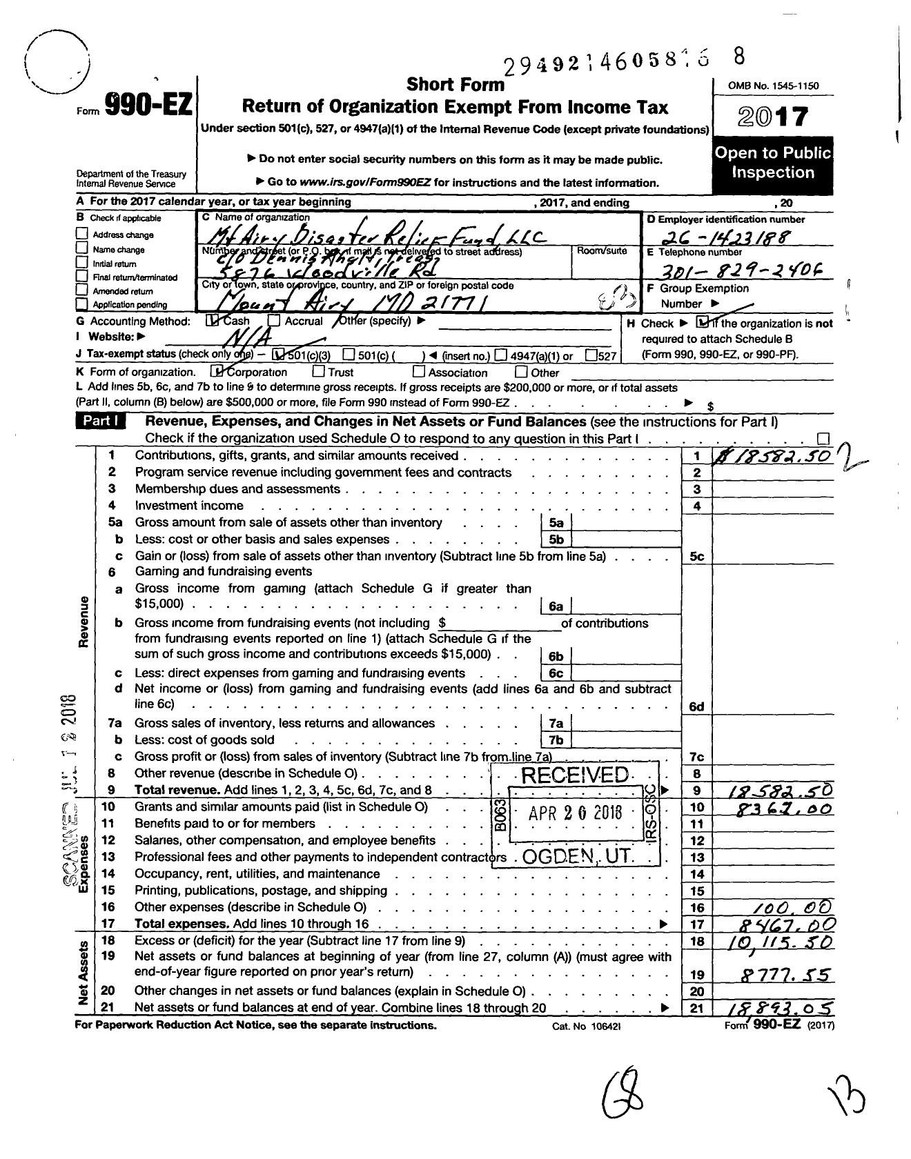 Image of first page of 2017 Form 990EZ for MT Airy Disaster Relief Fund