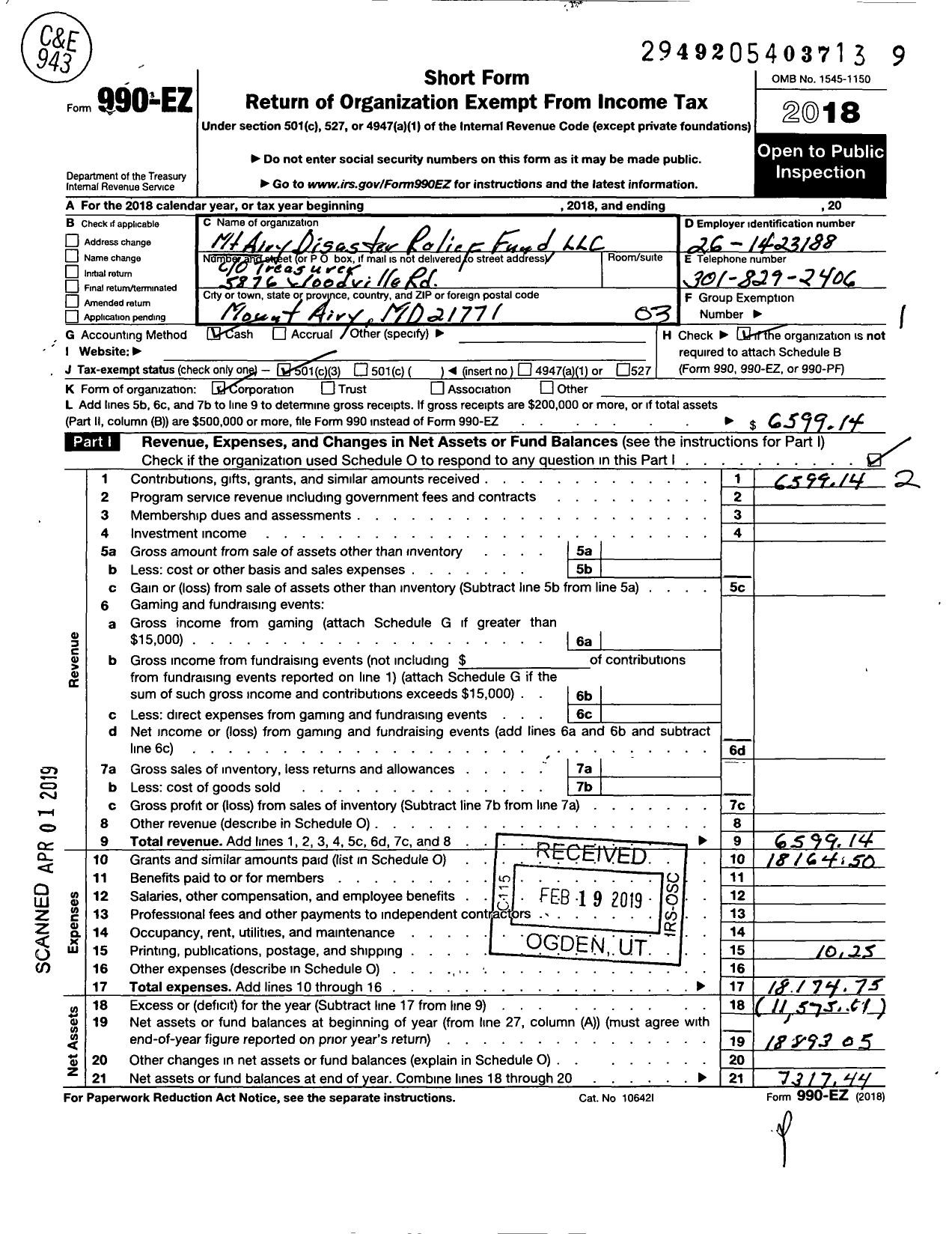 Image of first page of 2018 Form 990EZ for MT Airy Disaster Relief Fund