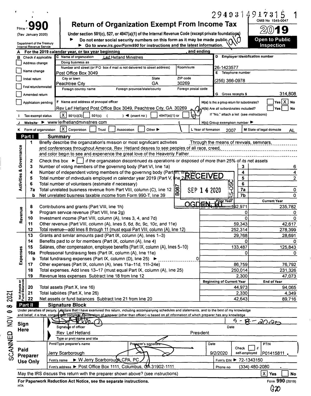 Image of first page of 2019 Form 990 for Leif Hetland Ministries