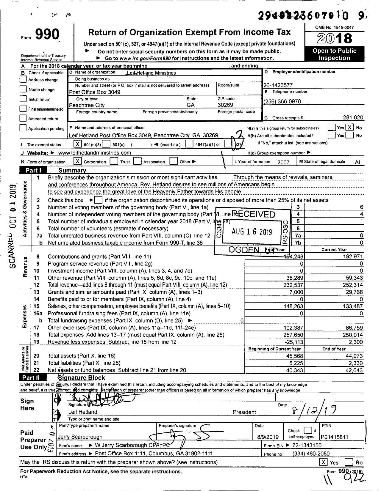 Image of first page of 2018 Form 990 for Leif Hetland Ministries