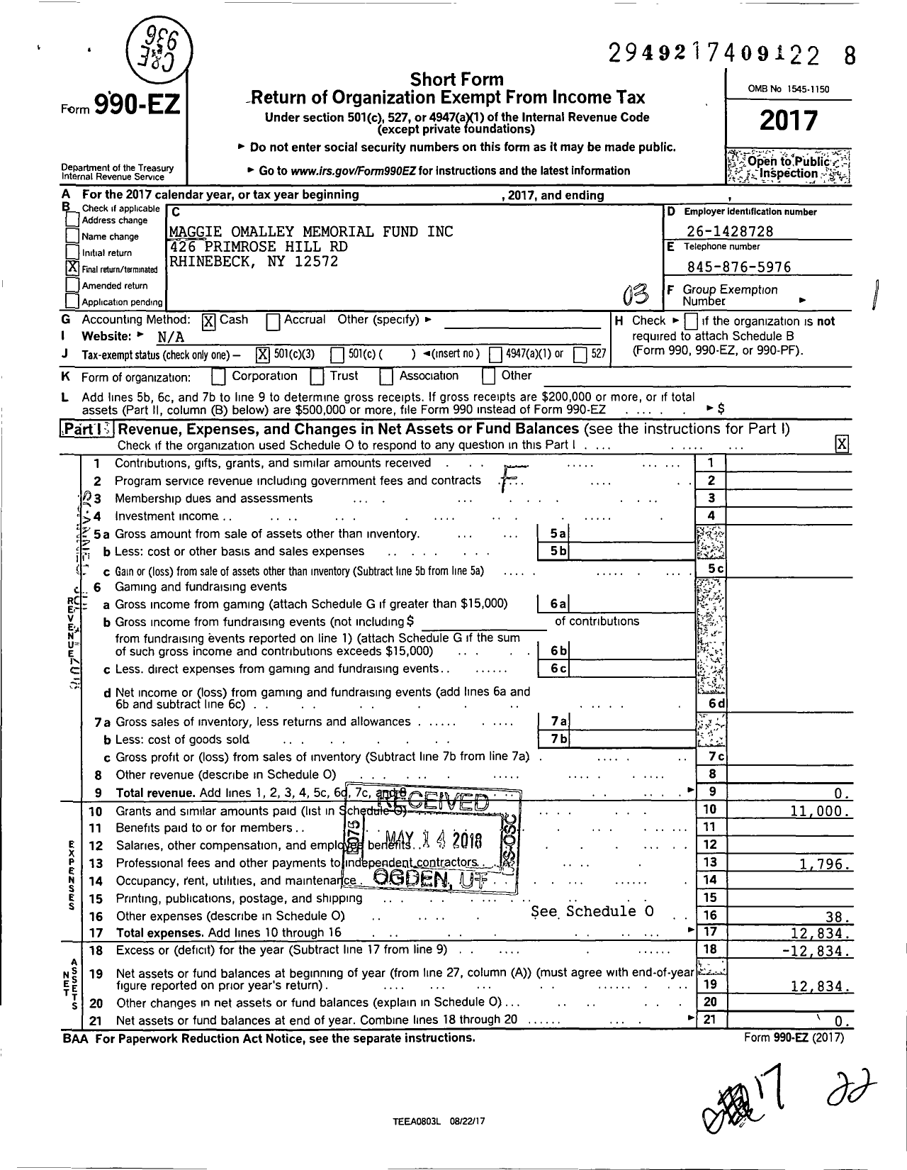 Image of first page of 2017 Form 990EZ for Maggie Omalley Memorial Fund