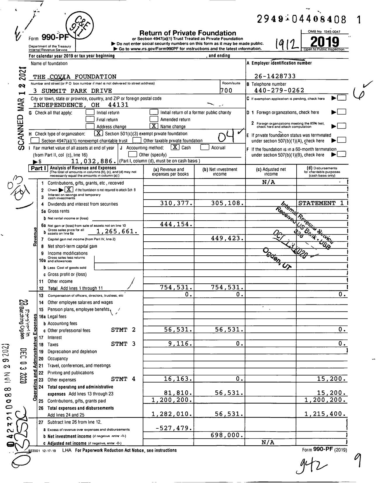 Image of first page of 2019 Form 990PF for The Covia Foundation