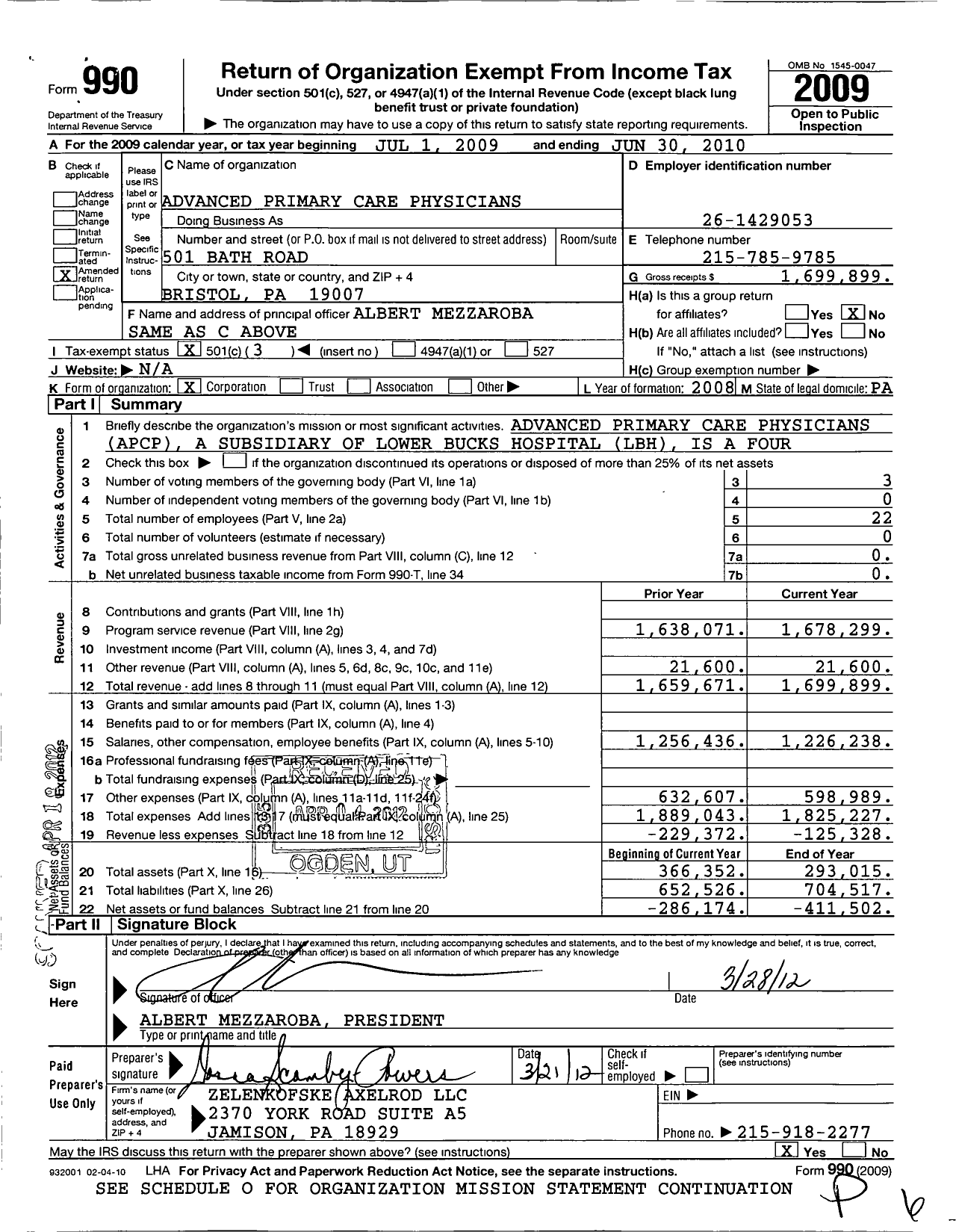 Image of first page of 2009 Form 990 for Advanced Primary Care Physicians