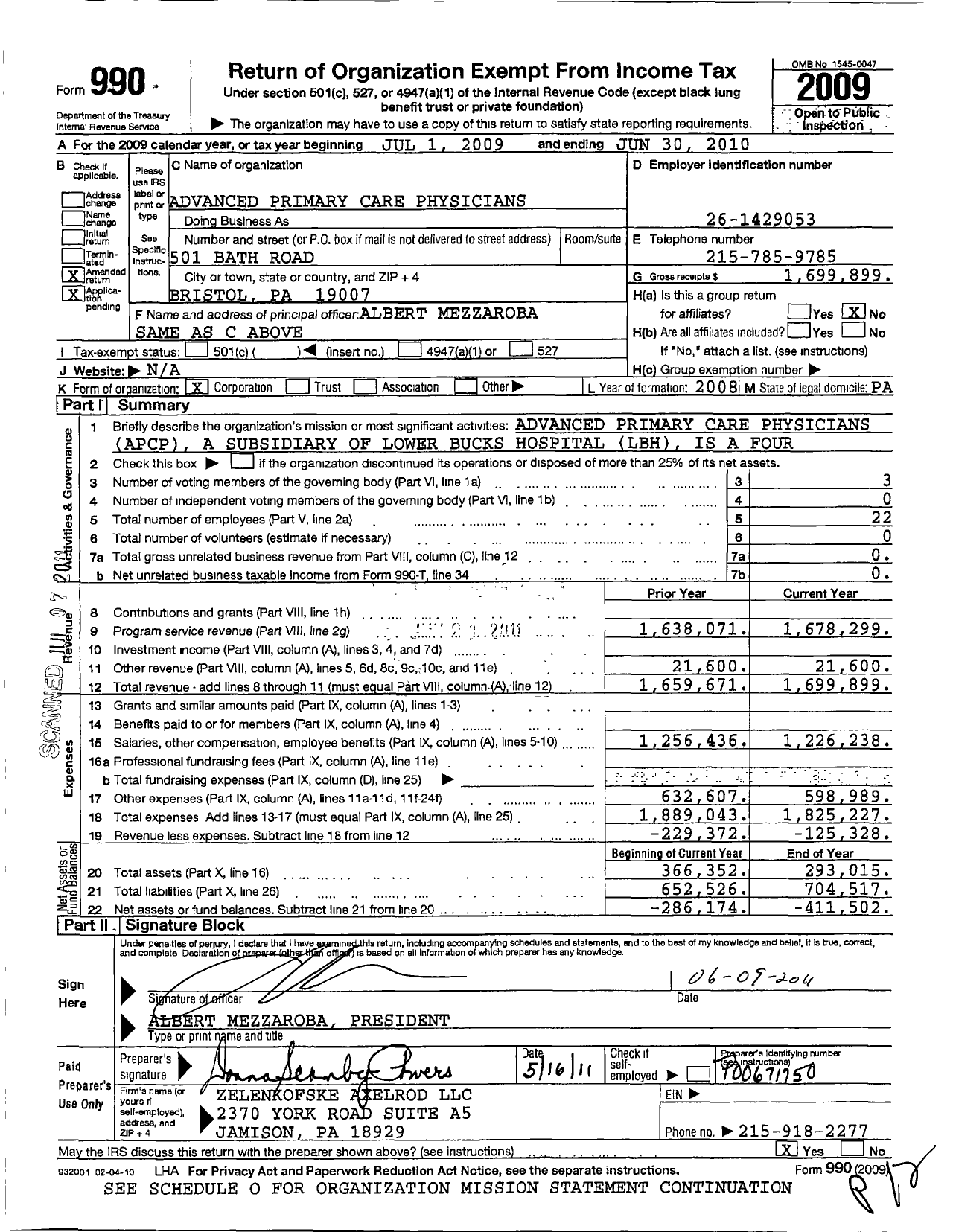 Image of first page of 2009 Form 990O for Advanced Primary Care Physicians