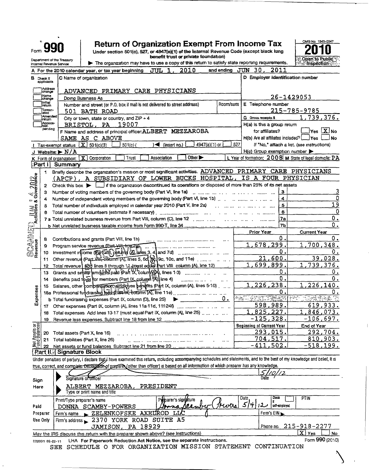 Image of first page of 2010 Form 990 for Advanced Primary Care Physicians