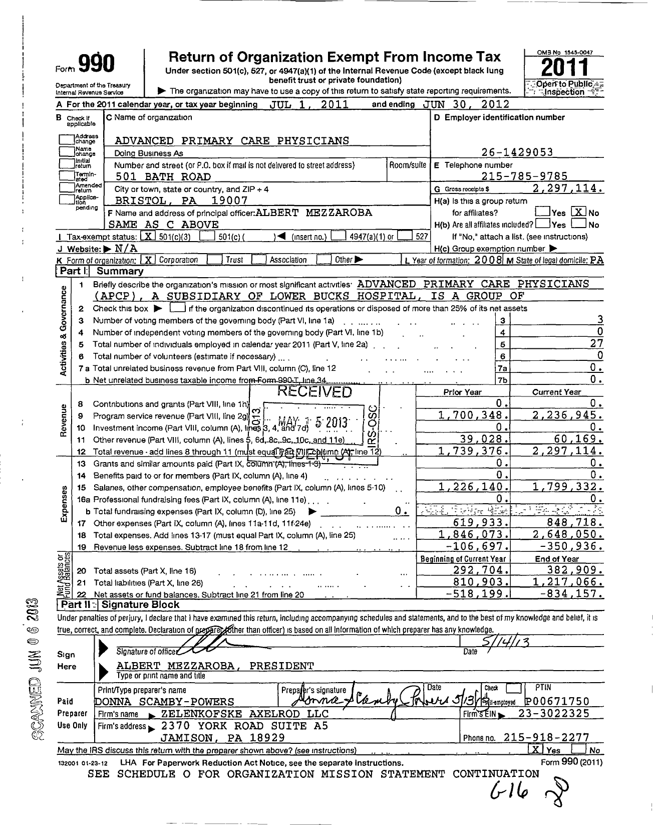 Image of first page of 2011 Form 990 for Advanced Primary Care Physicians