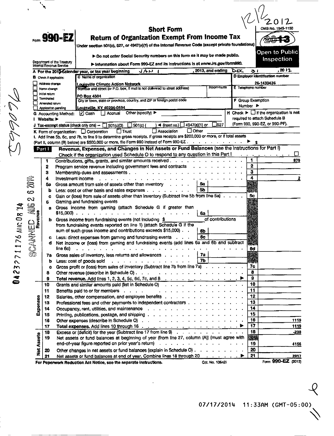 Image of first page of 2012 Form 990EO for Louisville Climate Action Network