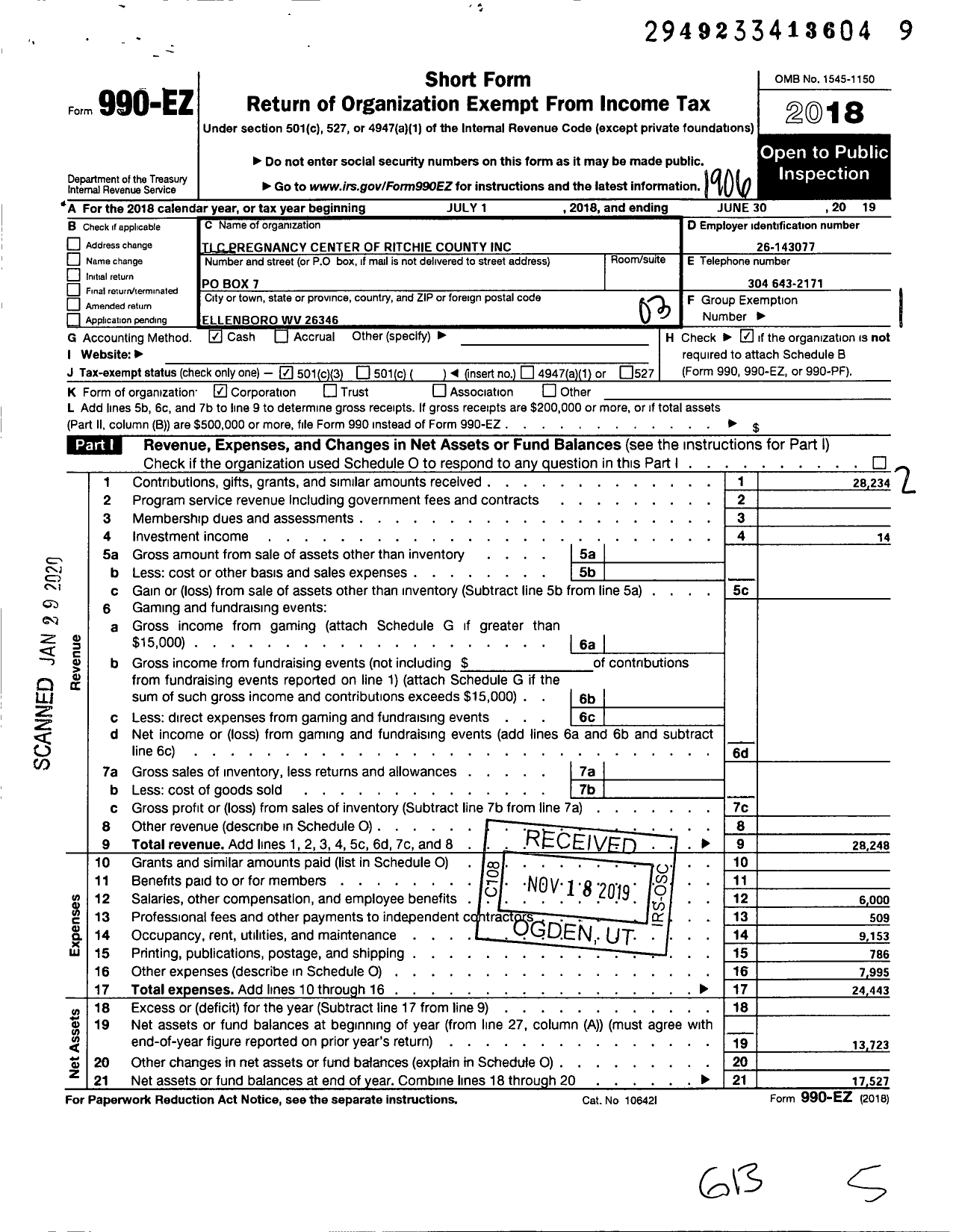 Image of first page of 2018 Form 990EZ for TLC Pregnancy Center of Ritchie County