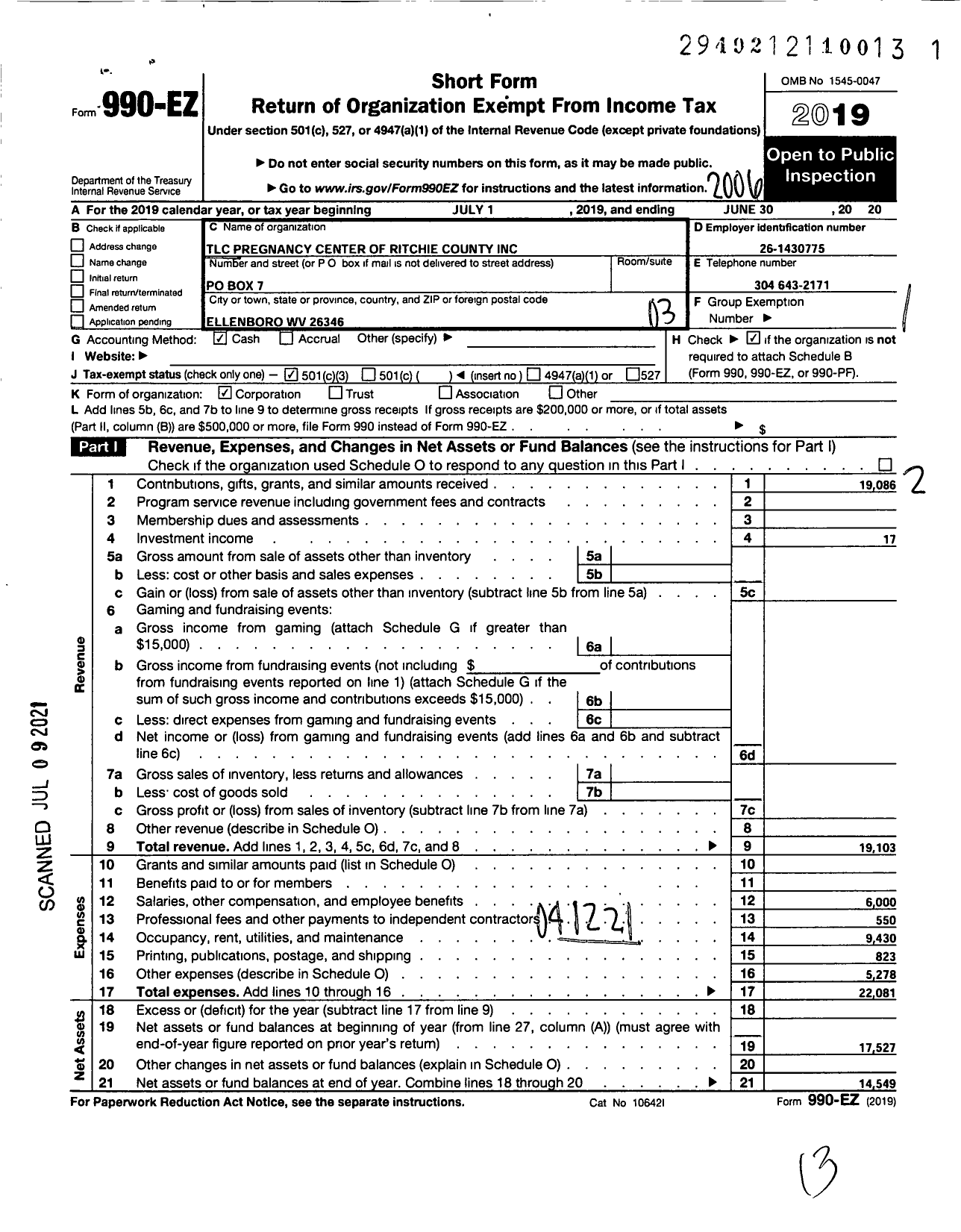 Image of first page of 2019 Form 990EZ for TLC Pregnancy Center of Ritchie County