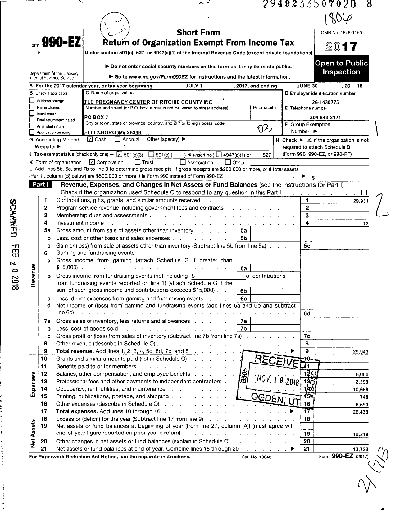 Image of first page of 2017 Form 990EZ for TLC Pregnancy Center of Ritchie County