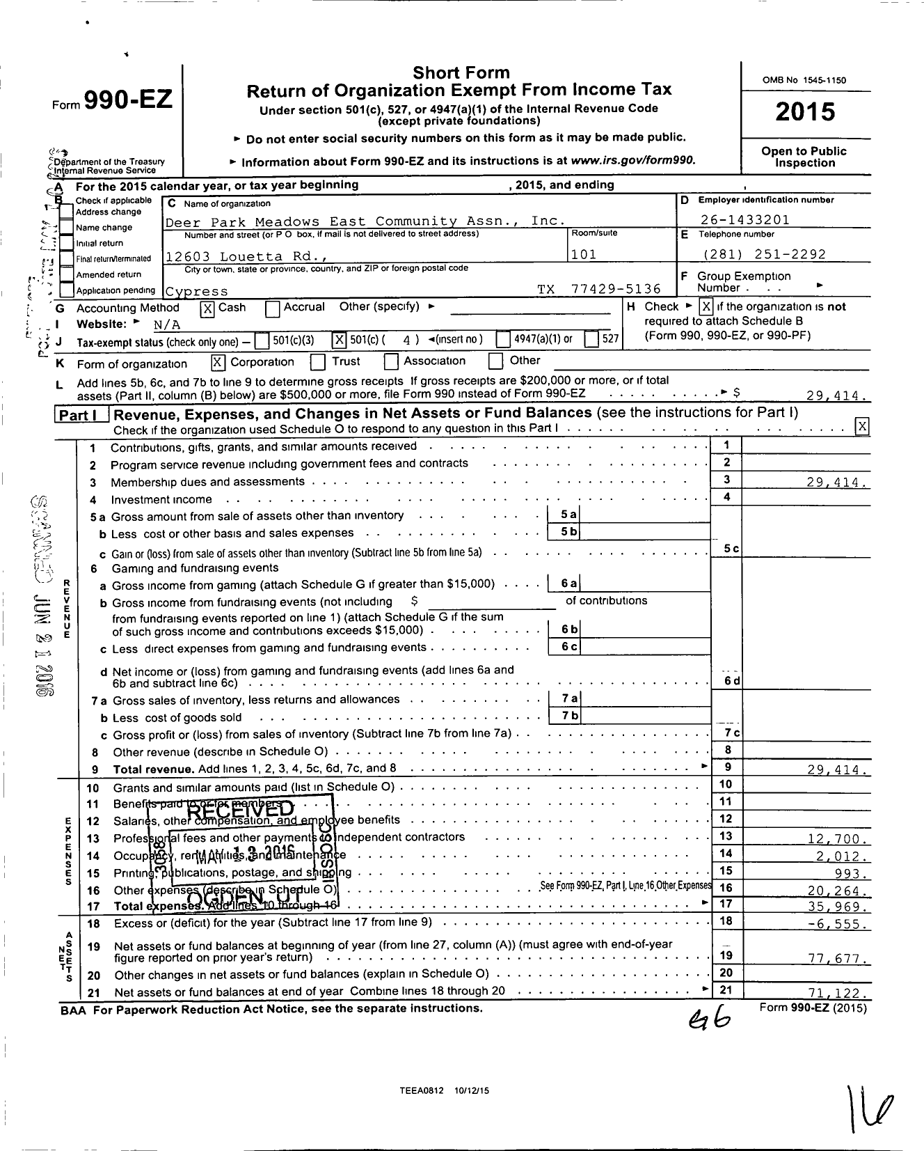 Image of first page of 2015 Form 990EO for Deer Park Meadows East Community