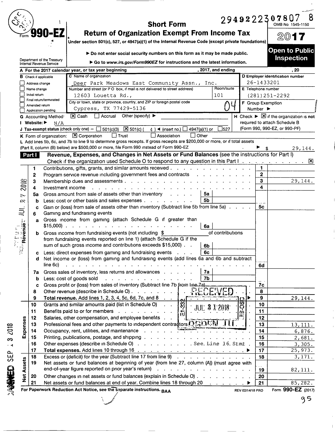 Image of first page of 2017 Form 990EO for Deer Park Meadows East Community