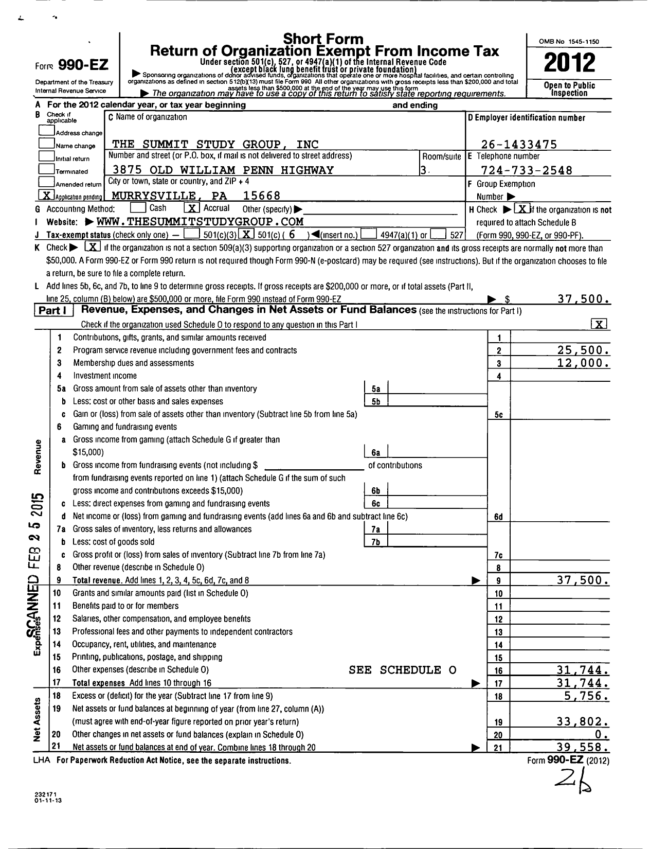 Image of first page of 2012 Form 990EO for Summit Study Group