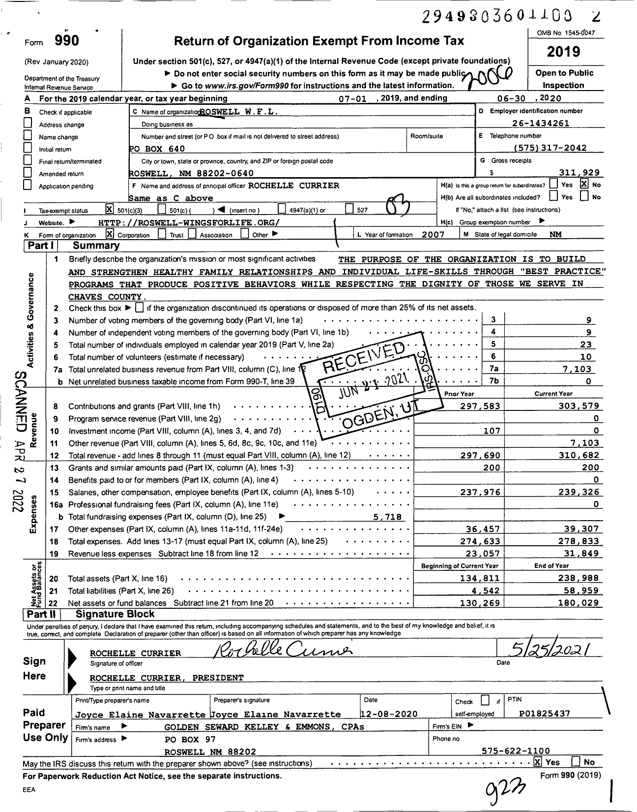 Image of first page of 2019 Form 990 for Wings for LIFE / Roswell W F L Inc