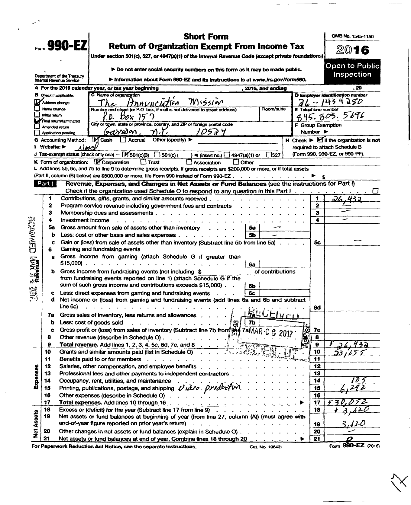 Image of first page of 2016 Form 990EZ for Annunciation Mission