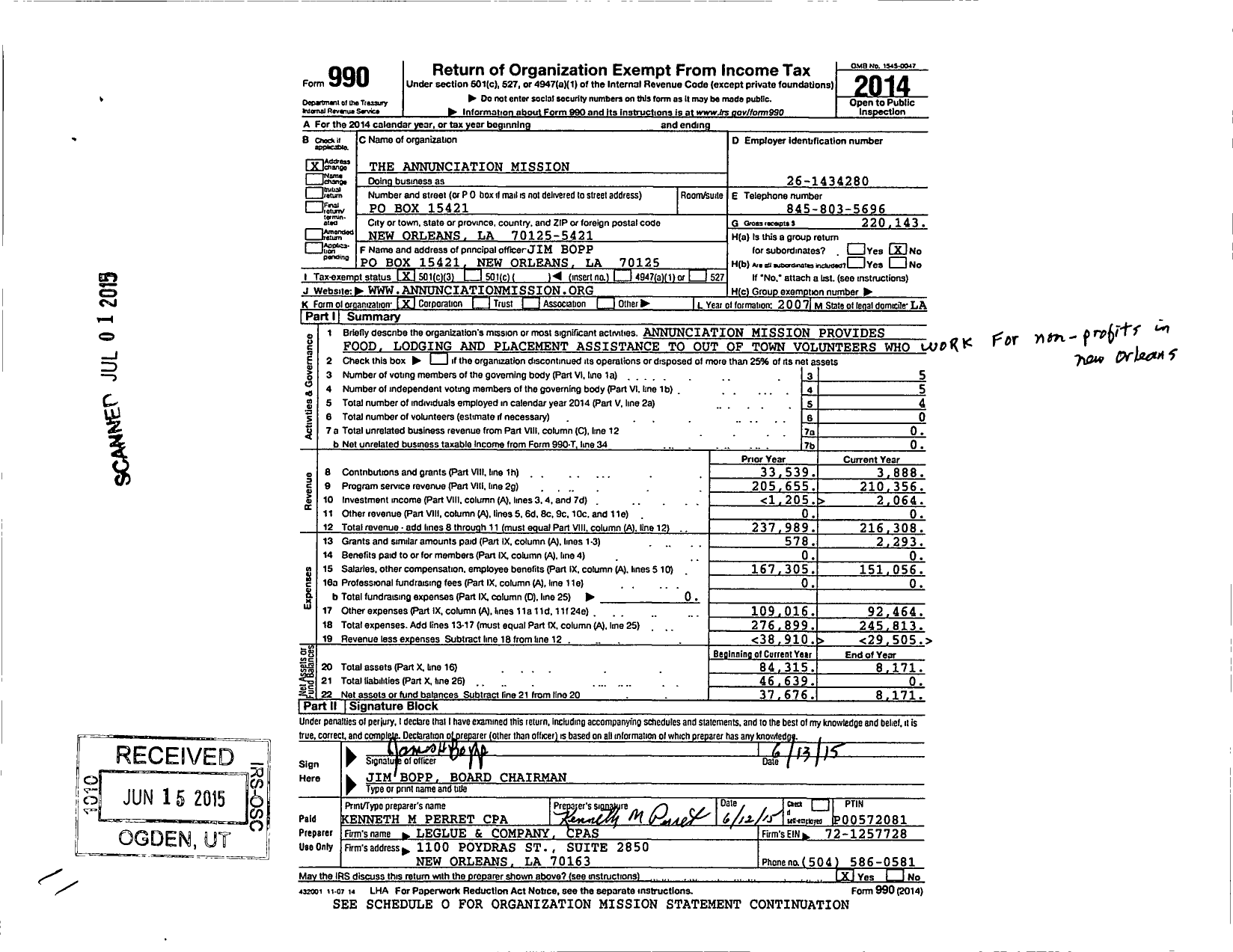 Image of first page of 2014 Form 990 for Annunciation Mission