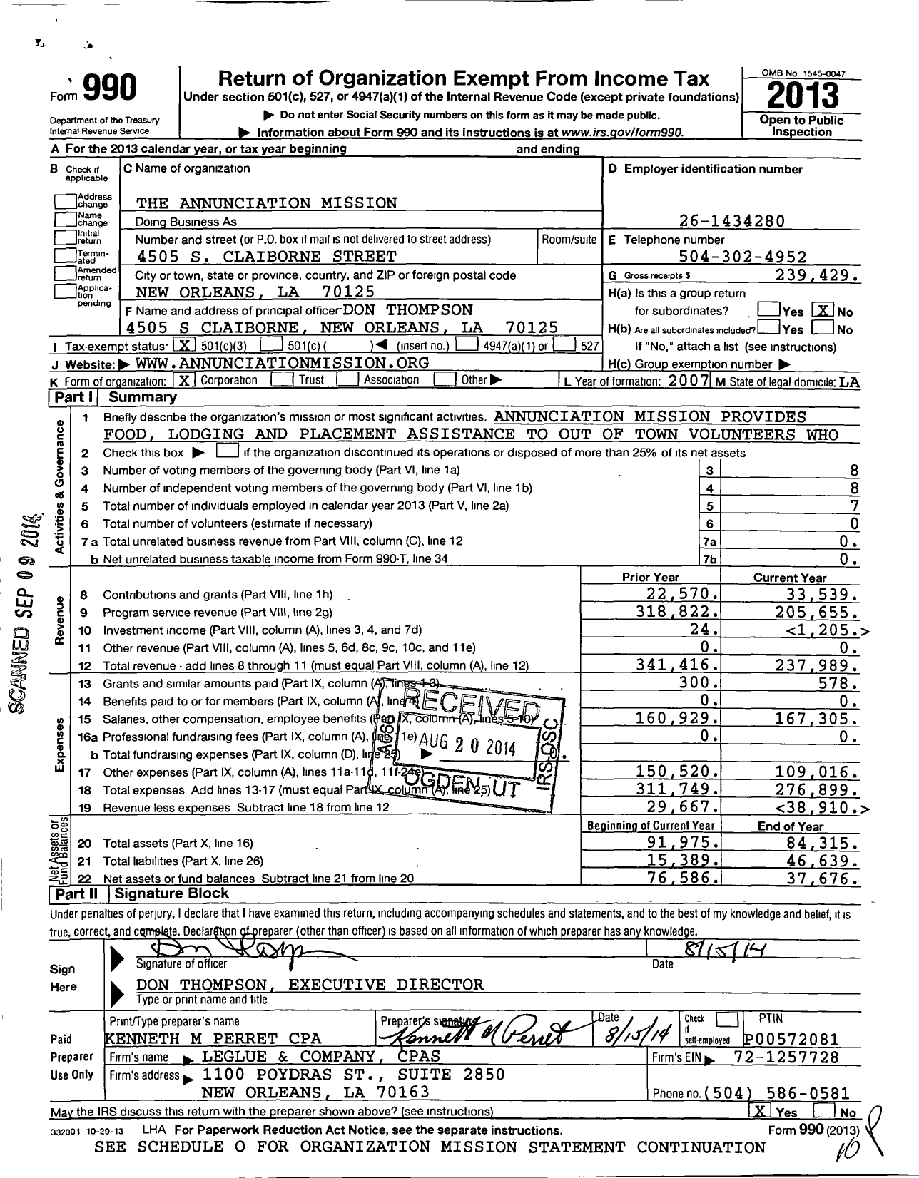 Image of first page of 2013 Form 990 for Annunciation Mission