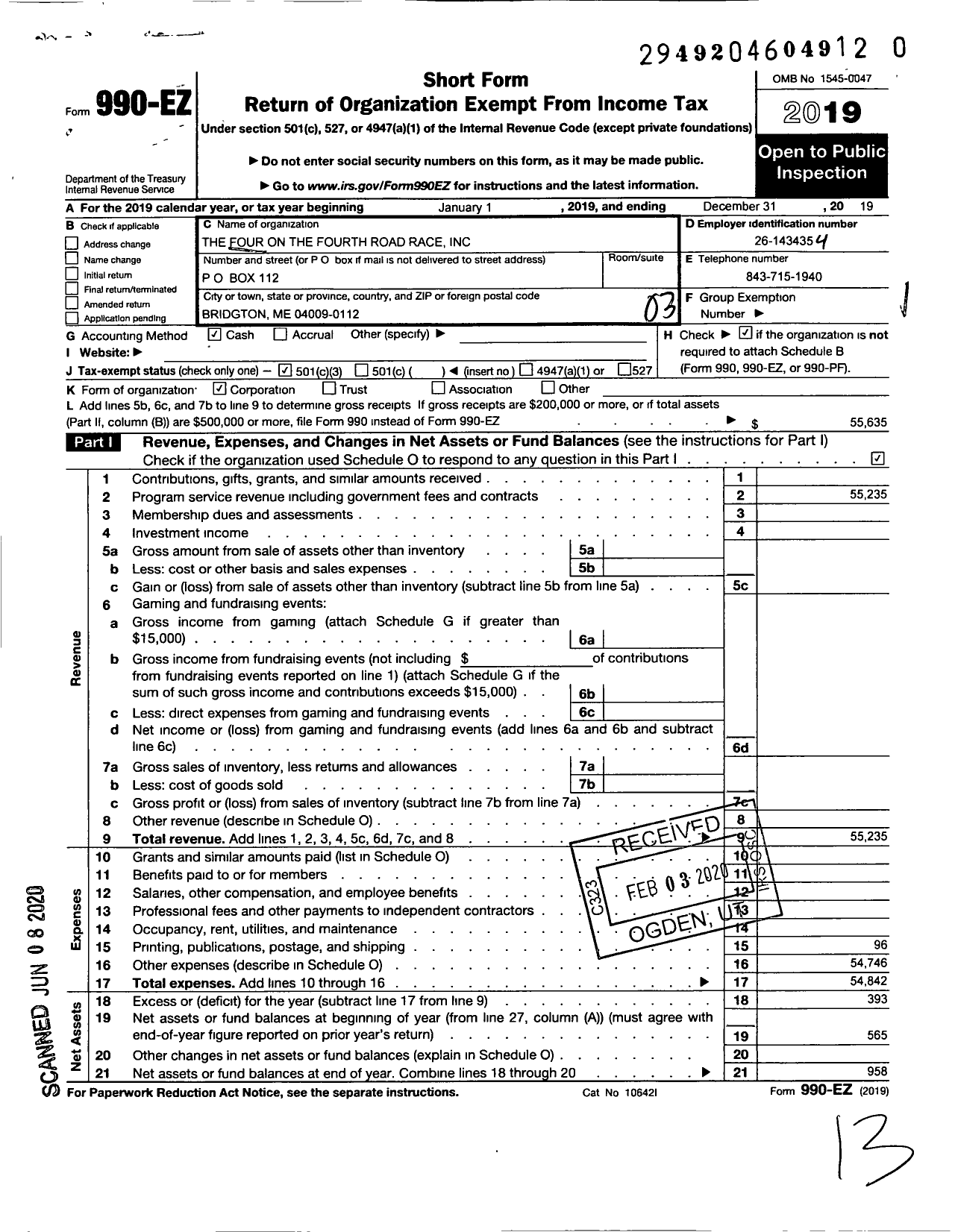 Image of first page of 2019 Form 990EZ for The Four on the Fourth Road Race