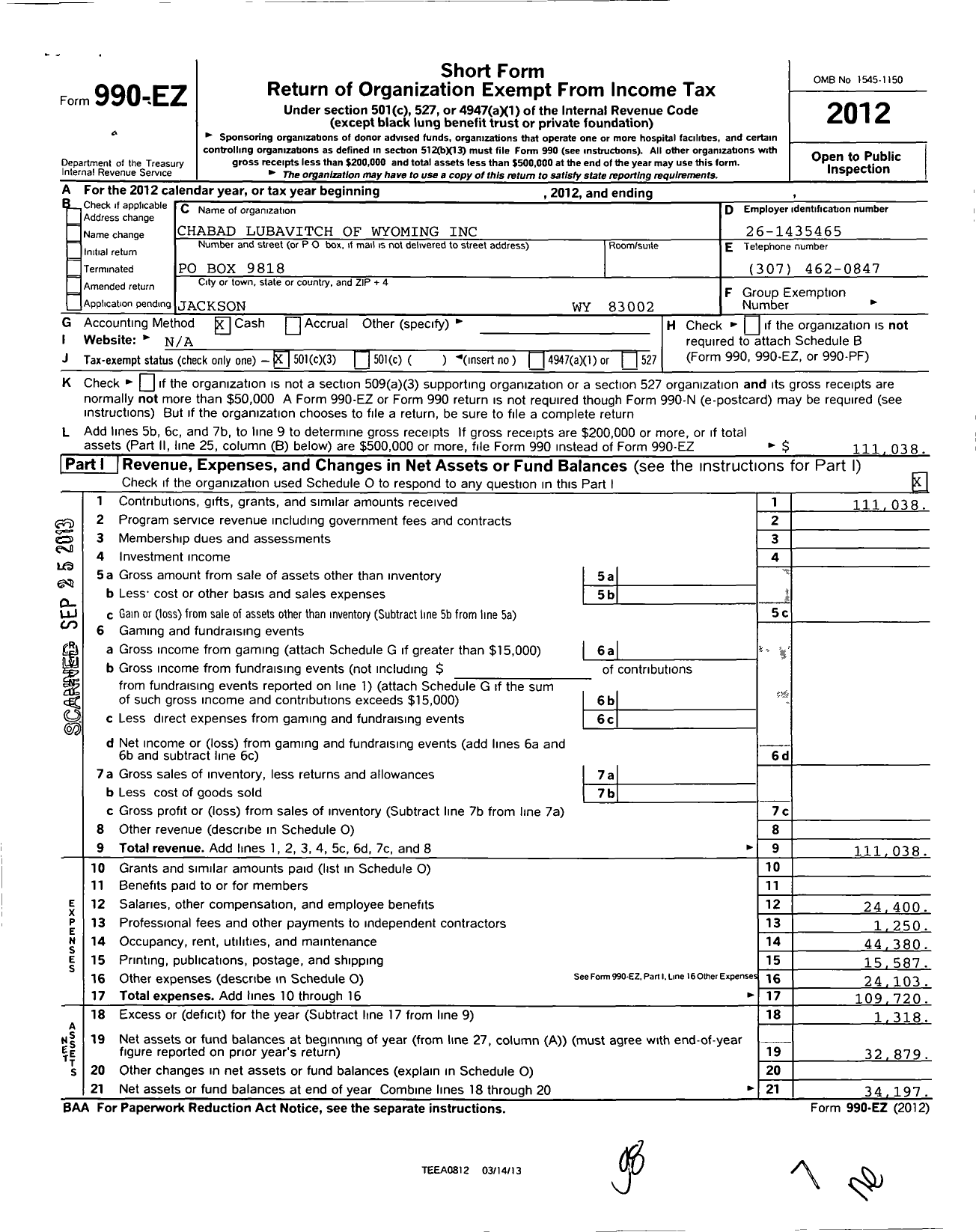 Image of first page of 2012 Form 990EZ for Chabad Lubavitch of Wyoming