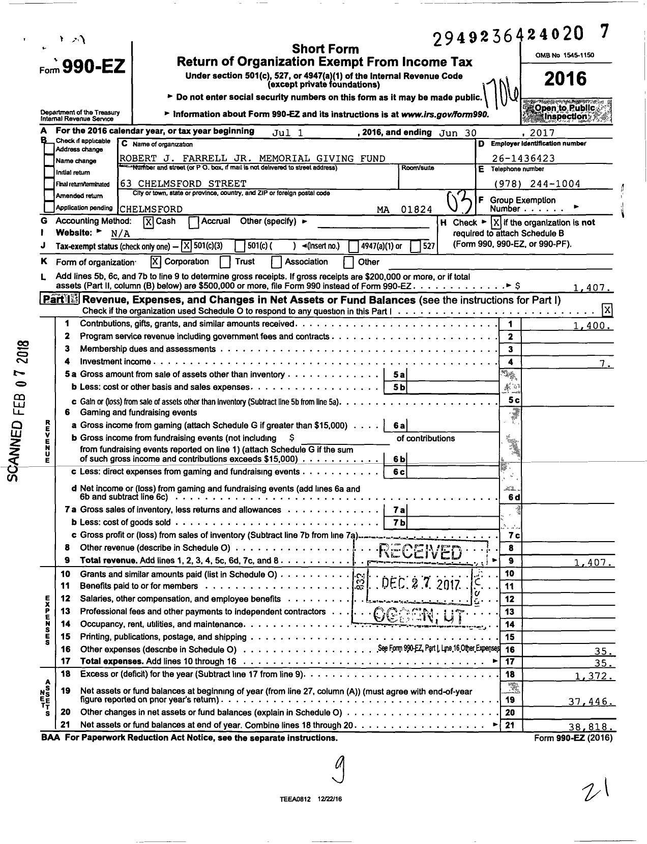 Image of first page of 2016 Form 990EZ for Robert J Farrell JR Memorial Giving Fund