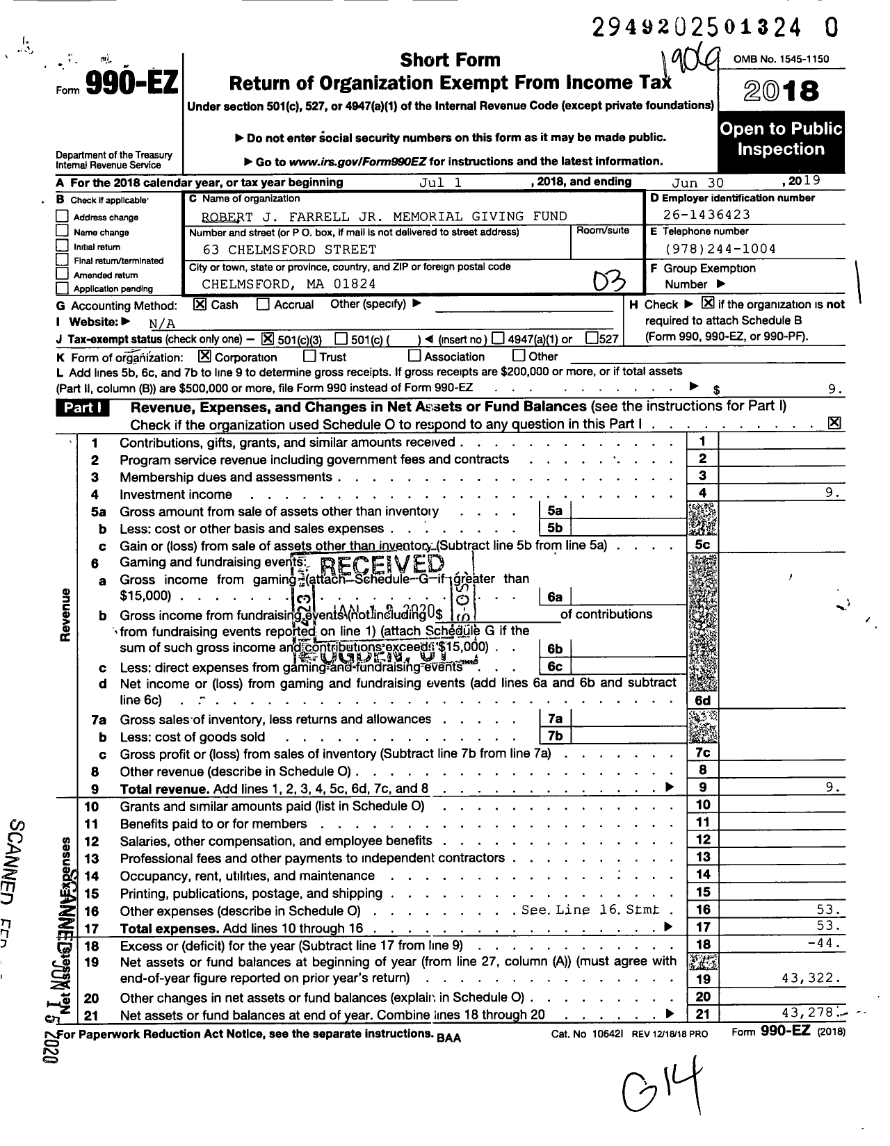 Image of first page of 2018 Form 990EZ for Robert J Farrell JR Memorial Giving Fund