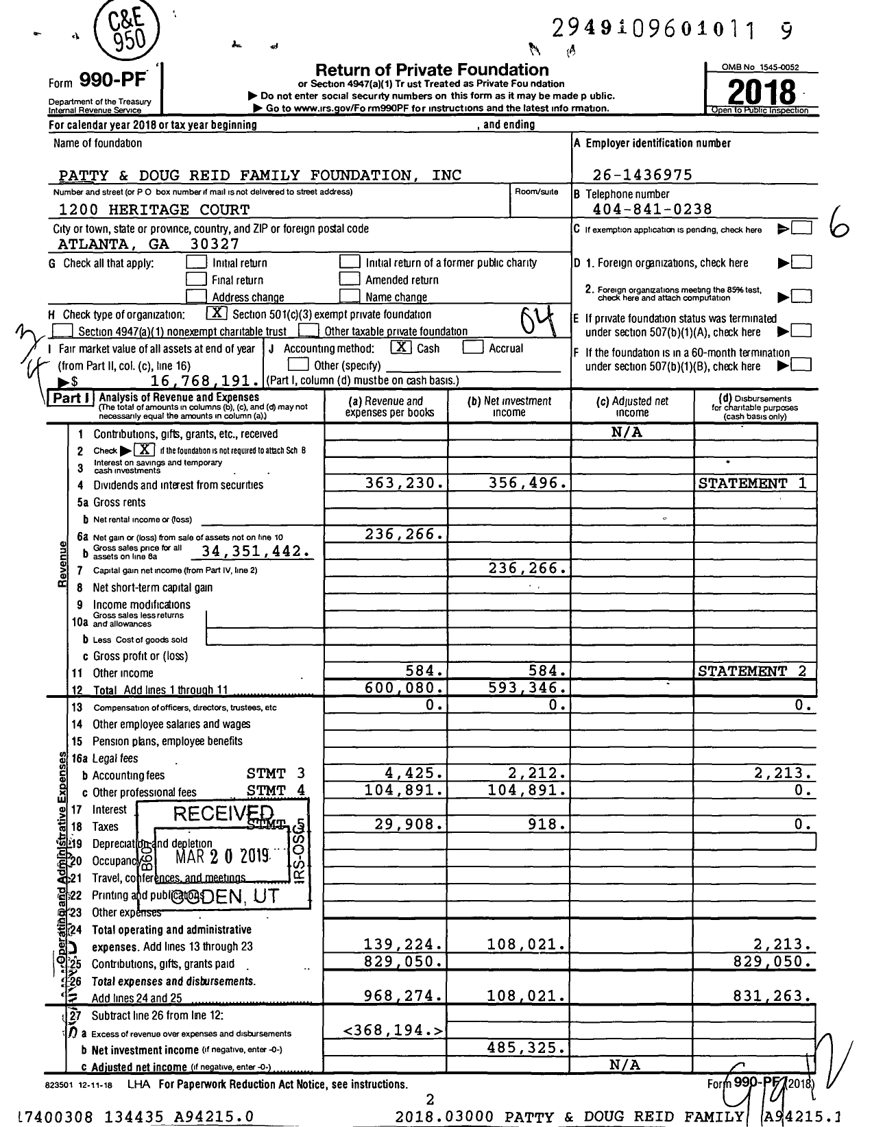 Image of first page of 2018 Form 990PF for Patty and Doug Reid Family Foundation