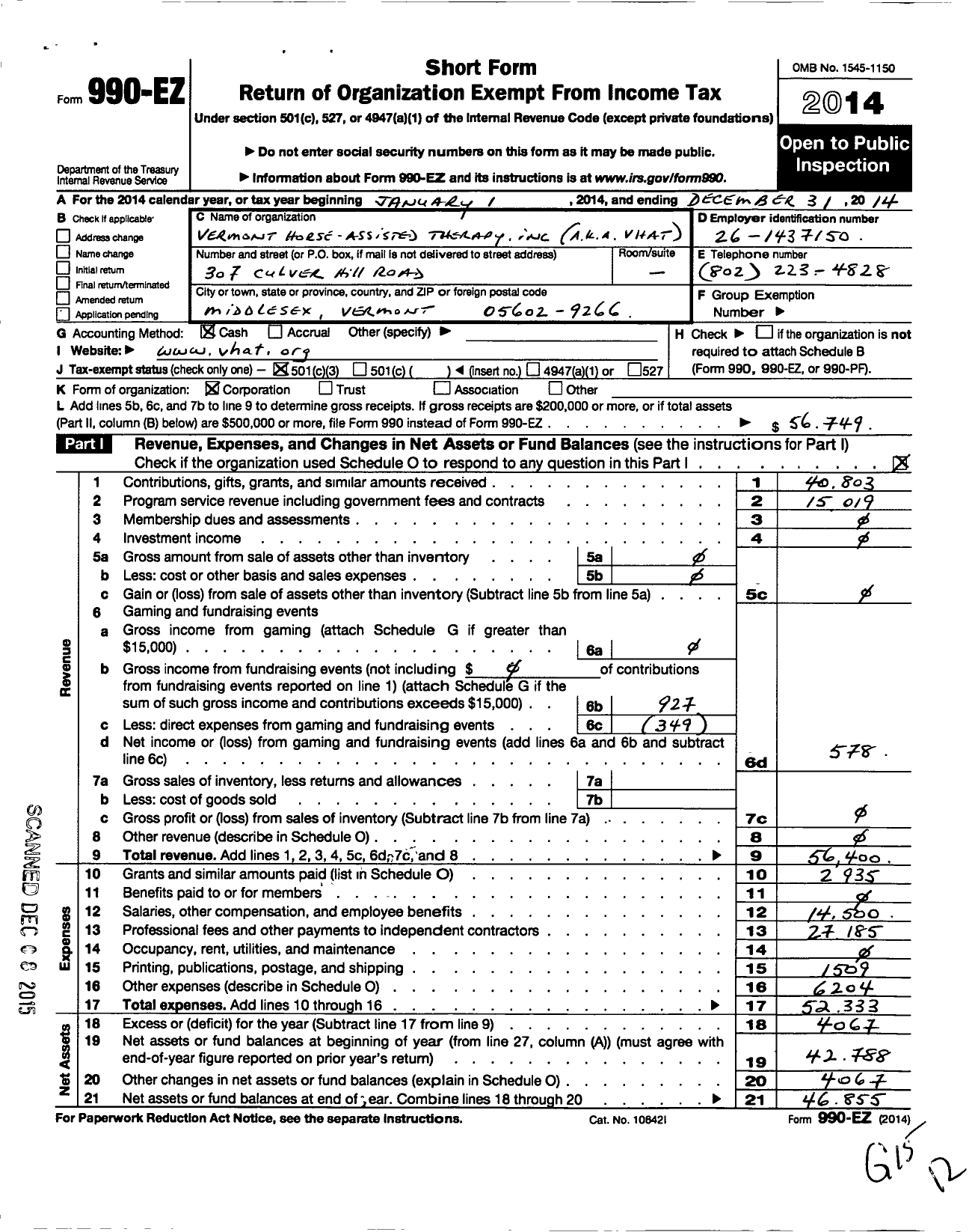 Image of first page of 2014 Form 990EZ for VERMONT Horse-Assisted THERAPY (VHAT)