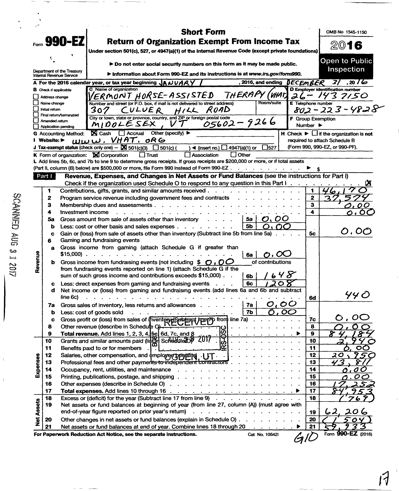 Image of first page of 2016 Form 990EZ for VERMONT Horse-Assisted THERAPY (VHAT)