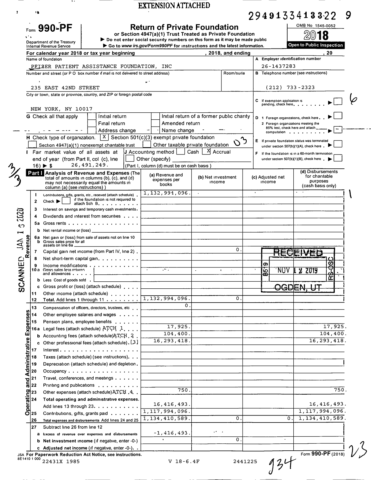 Image of first page of 2018 Form 990PF for Pfizer Patient Assistance Foundation
