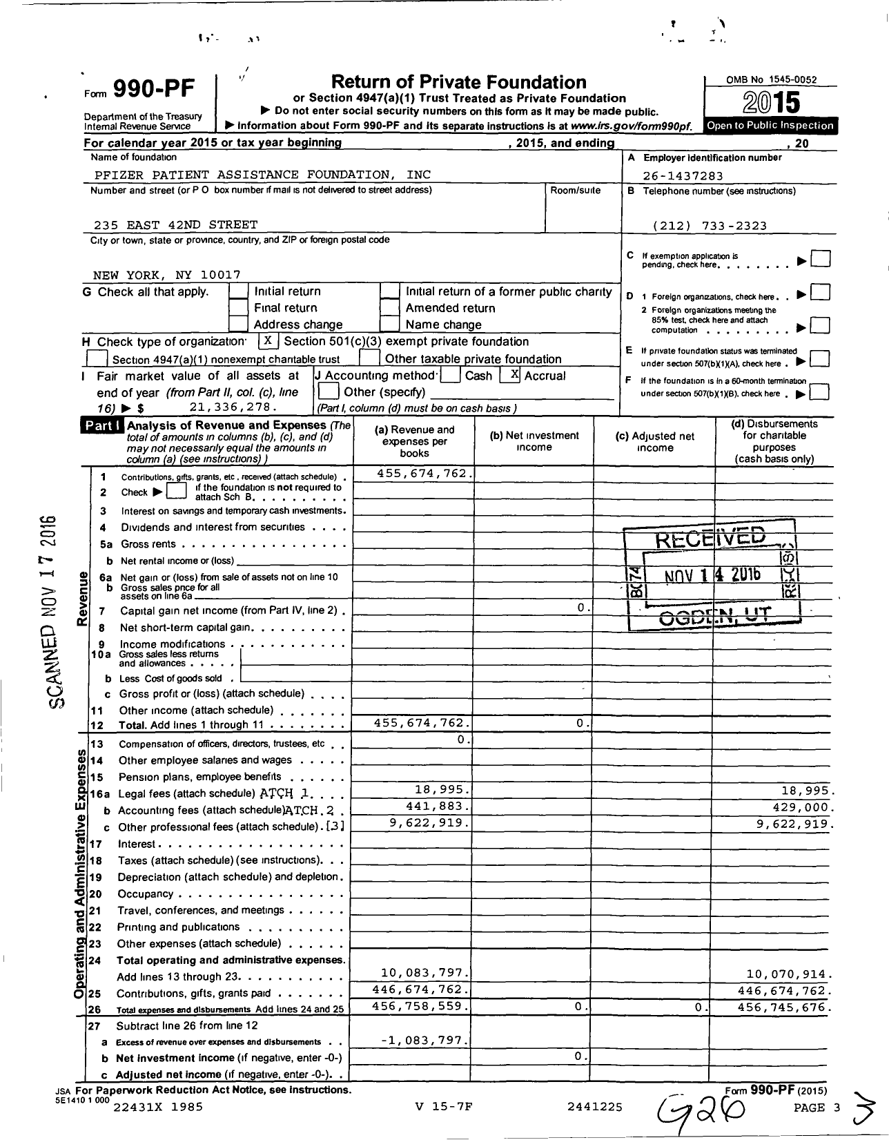 Image of first page of 2015 Form 990PF for Pfizer Patient Assistance Foundation