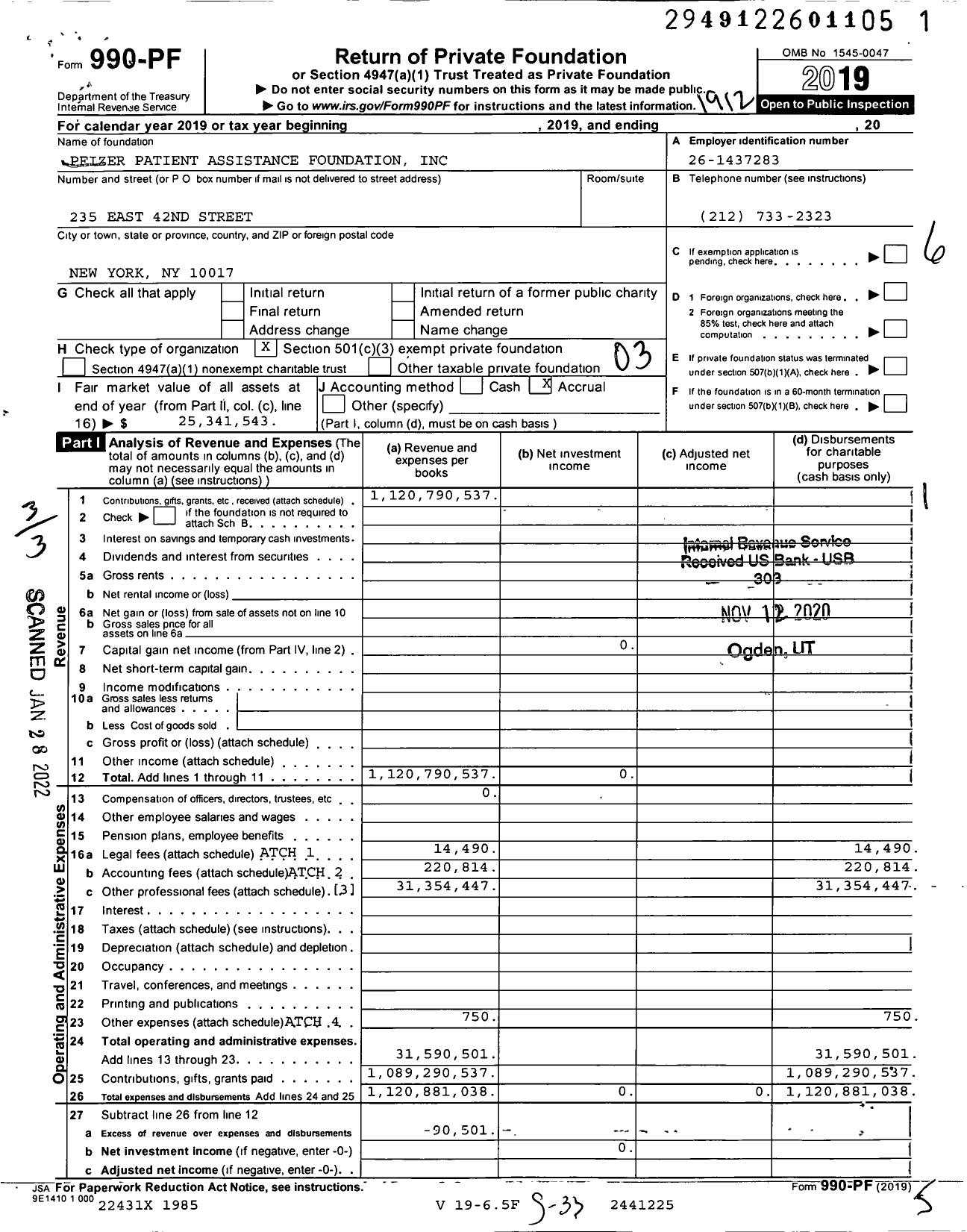 Image of first page of 2019 Form 990PF for Pfizer Patient Assistance Foundation