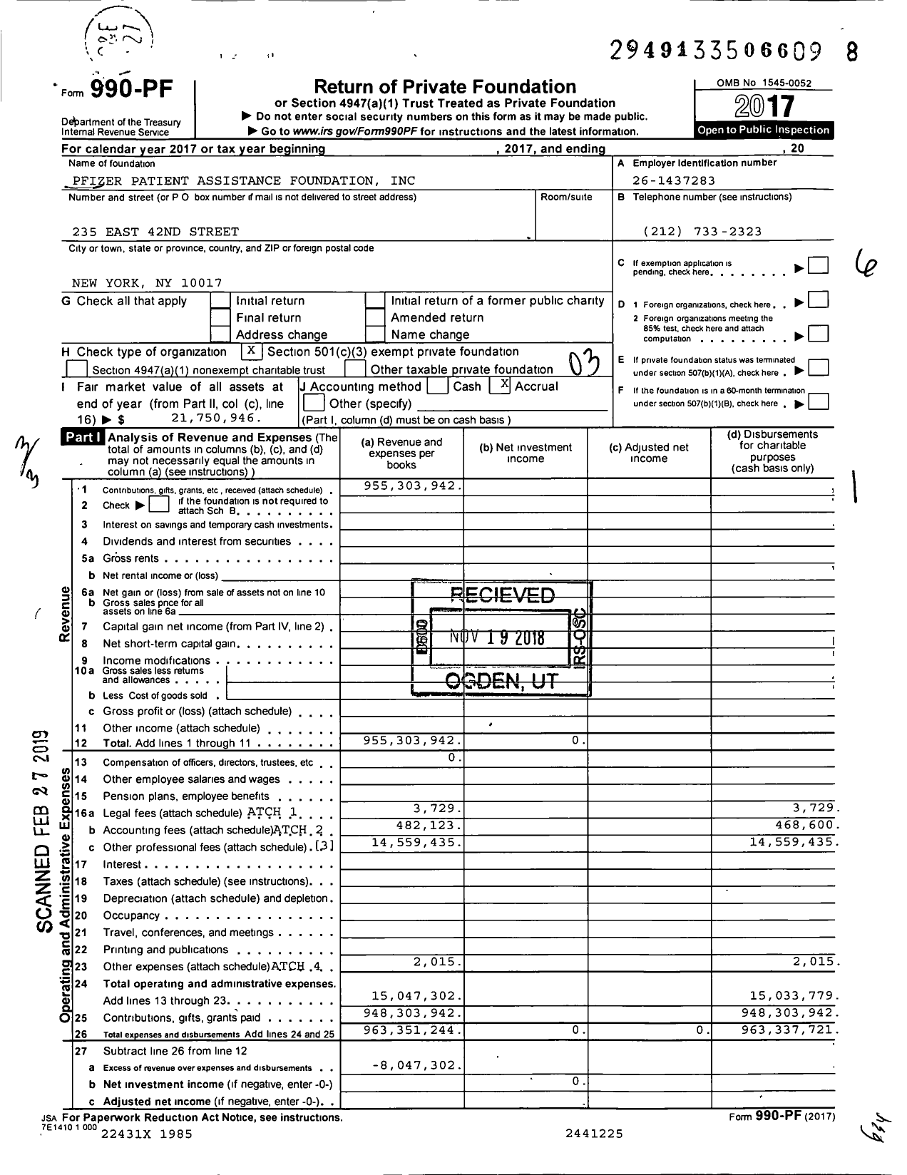 Image of first page of 2017 Form 990PF for Pfizer Patient Assistance Foundation