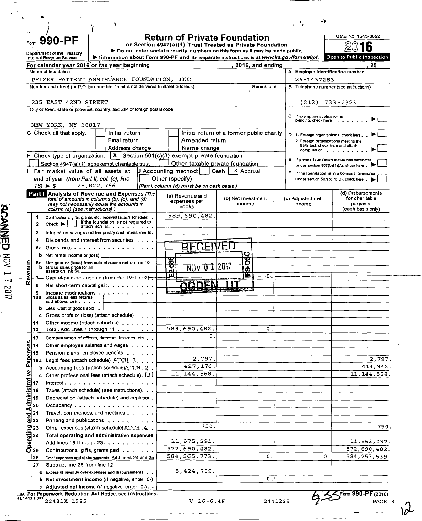 Image of first page of 2016 Form 990PF for Pfizer Patient Assistance Foundation