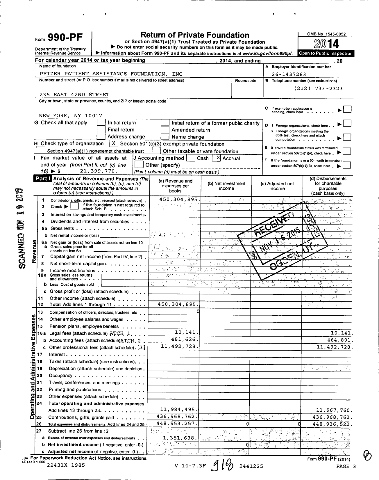 Image of first page of 2014 Form 990PF for Pfizer Patient Assistance Foundation