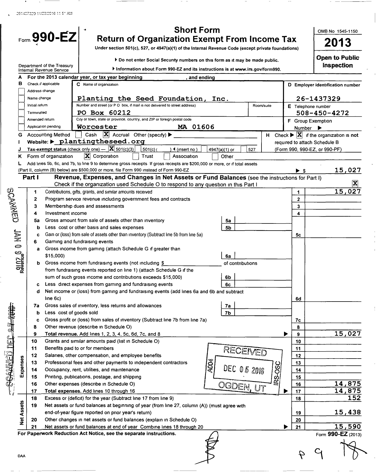 Image of first page of 2013 Form 990EZ for Planting the Seed Foundation