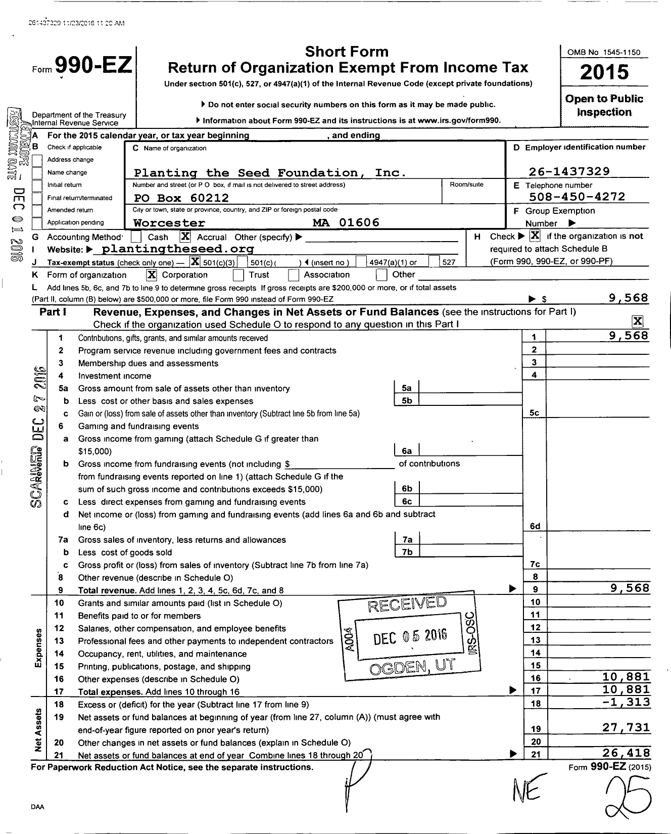 Image of first page of 2015 Form 990EZ for Planting the Seed Foundation
