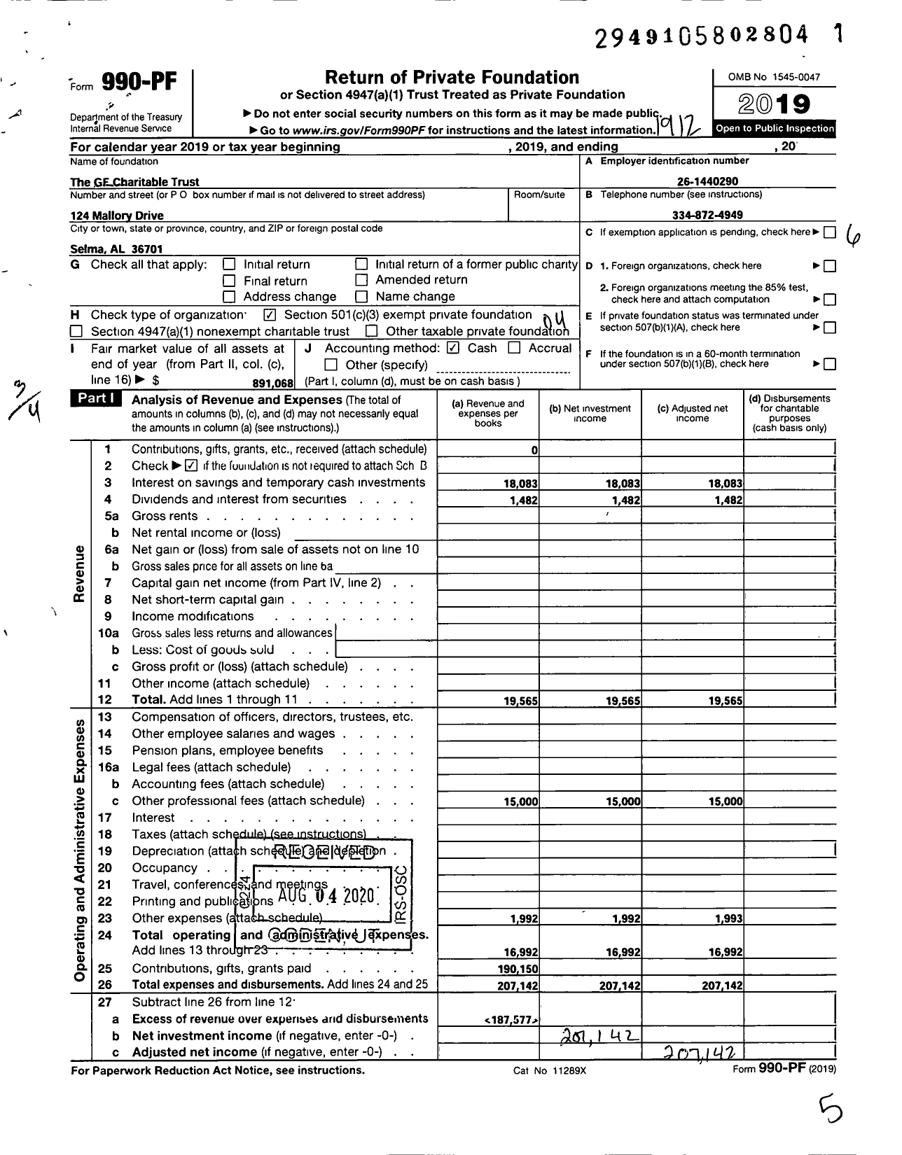 Image of first page of 2019 Form 990PF for The GF Charitable Trust