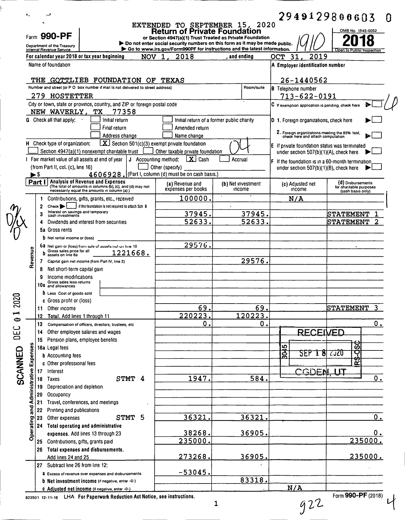 Image of first page of 2018 Form 990PF for The Gottlieb Foundation of Texas