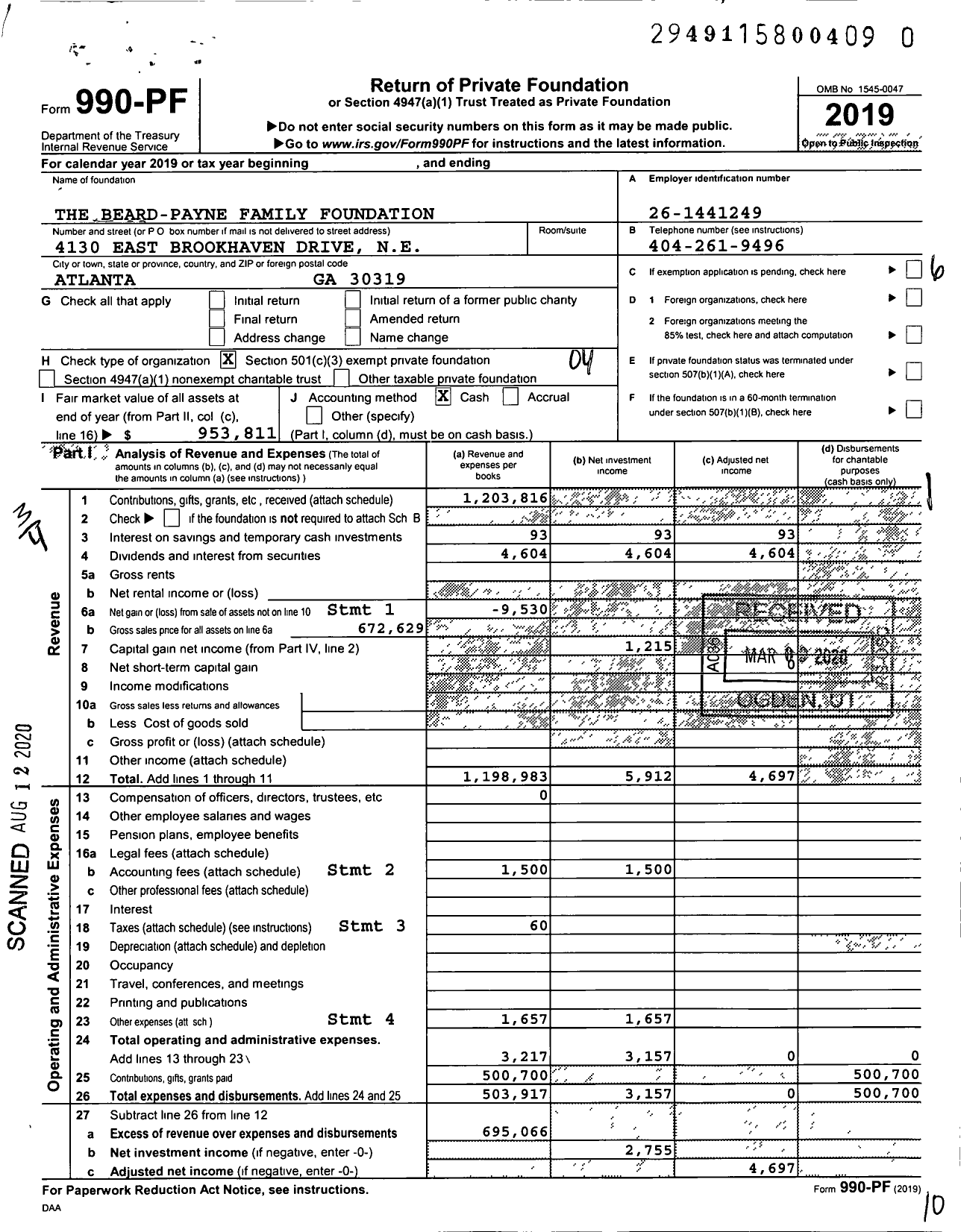 Image of first page of 2019 Form 990PR for The Beard-Payne Family Foundation