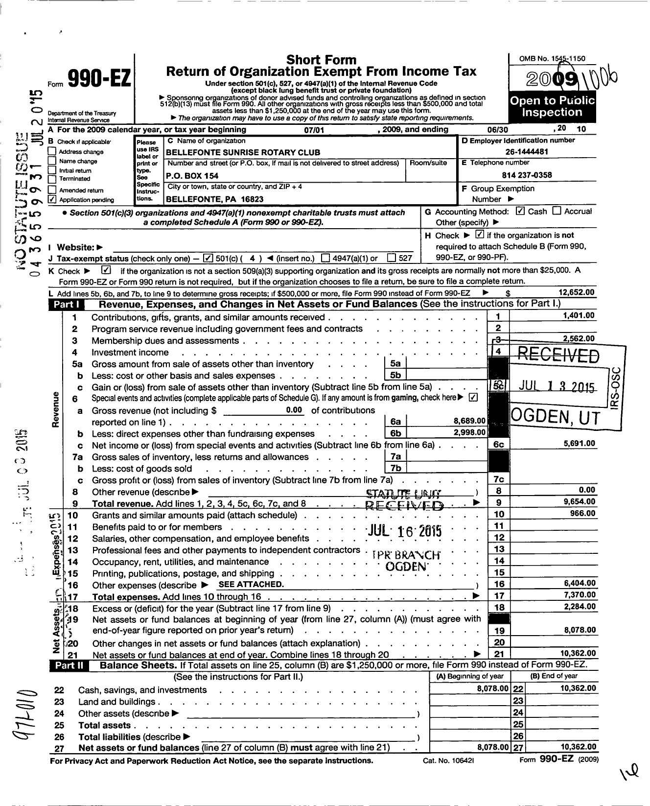 Image of first page of 2009 Form 990EO for Bellefonte Sunrise Rotary Club