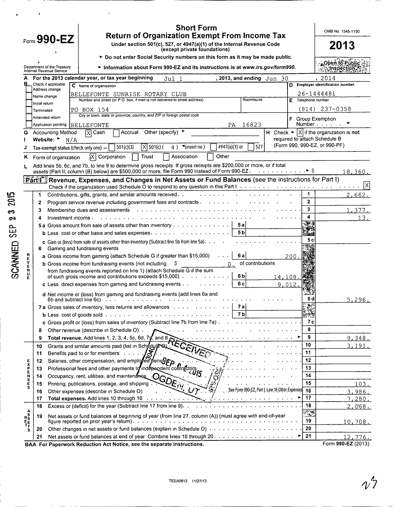 Image of first page of 2013 Form 990EO for Bellefonte Sunrise Rotary Club