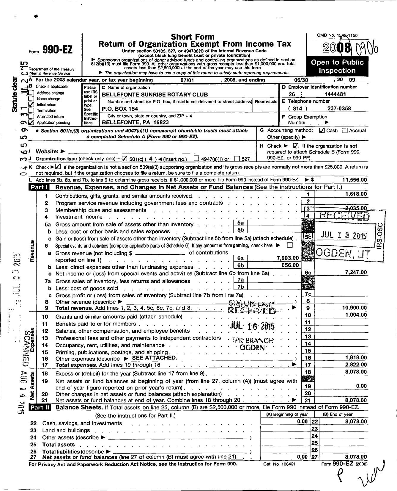 Image of first page of 2008 Form 990EO for Bellefonte Sunrise Rotary Club