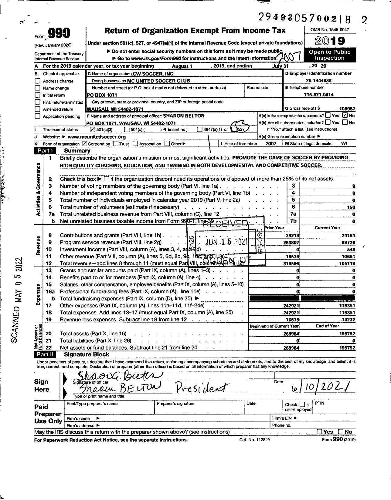 Image of first page of 2019 Form 990 for MC United Soccer Club