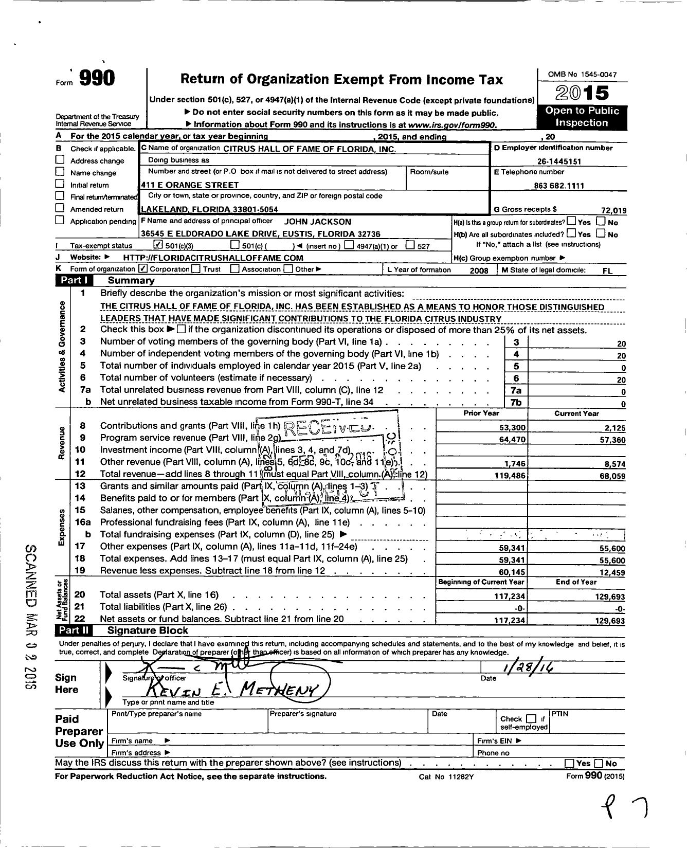 Image of first page of 2015 Form 990 for Citrus Hall of Fame of Florida