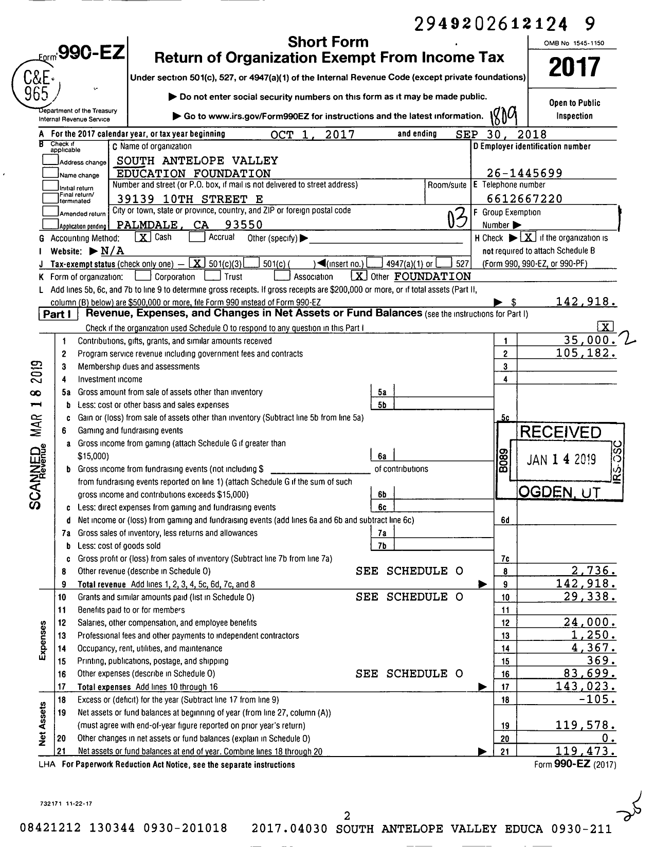 Image of first page of 2017 Form 990EZ for South Antelope Valley Education Foundation