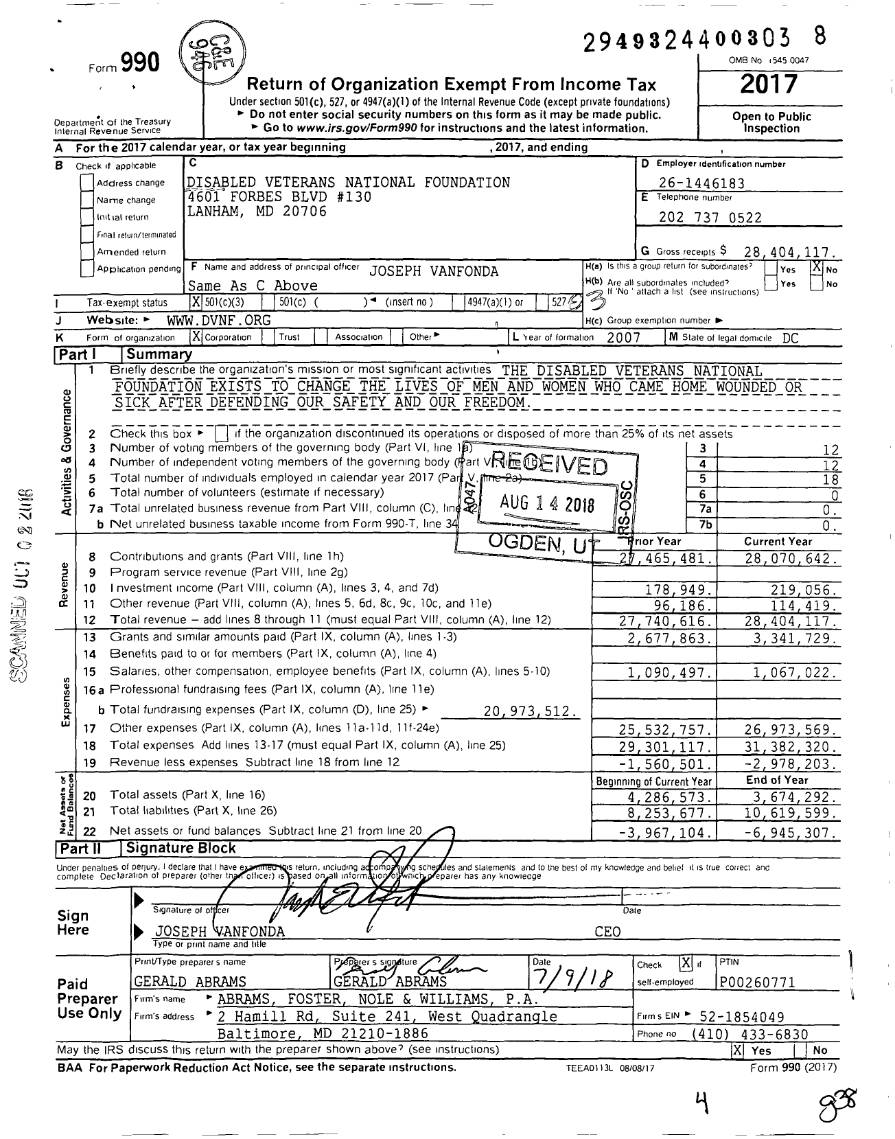 Image of first page of 2017 Form 990 for Disabled Veterans National Foundation (DVNF)