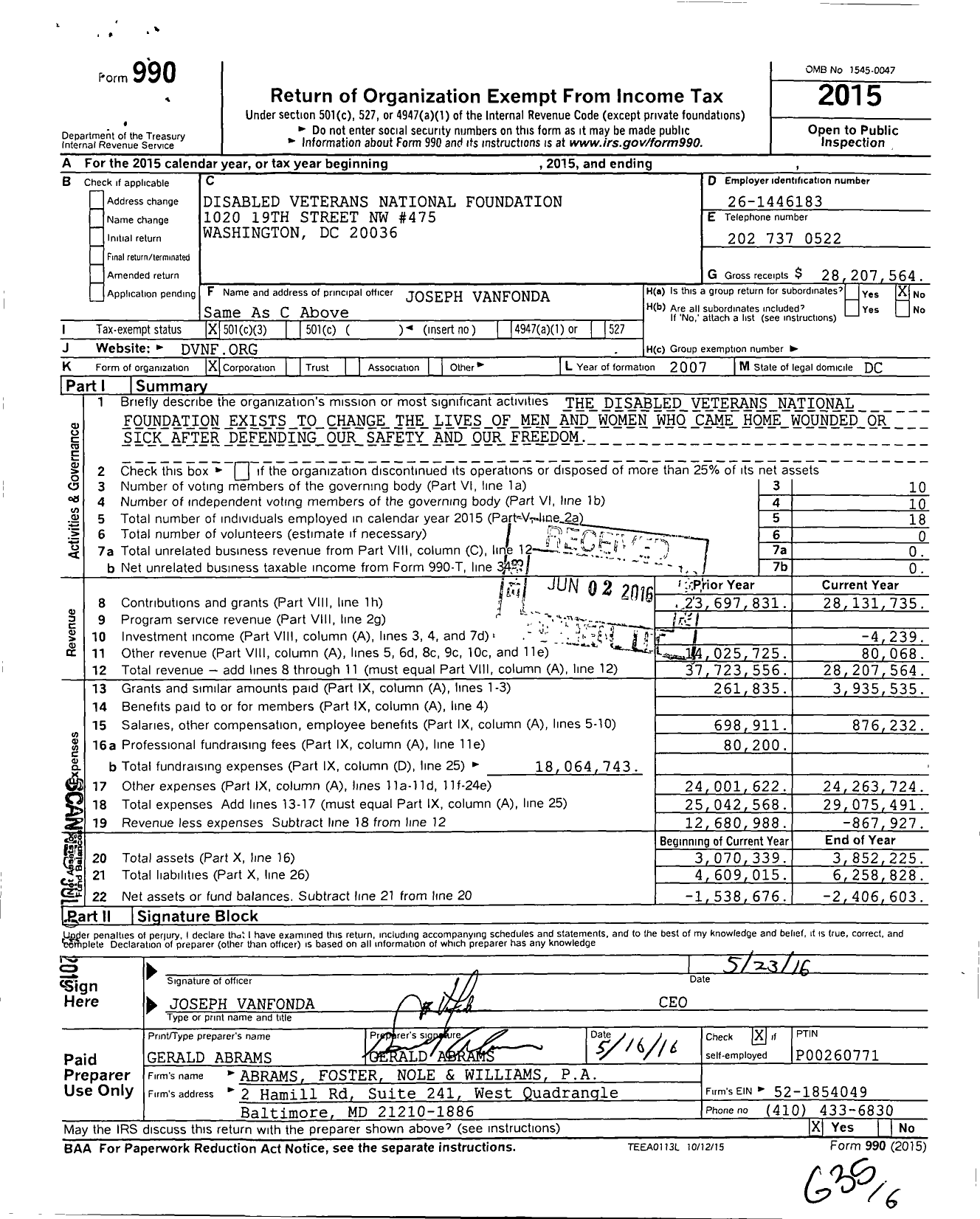 Image of first page of 2015 Form 990 for Disabled Veterans National Foundation (DVNF)