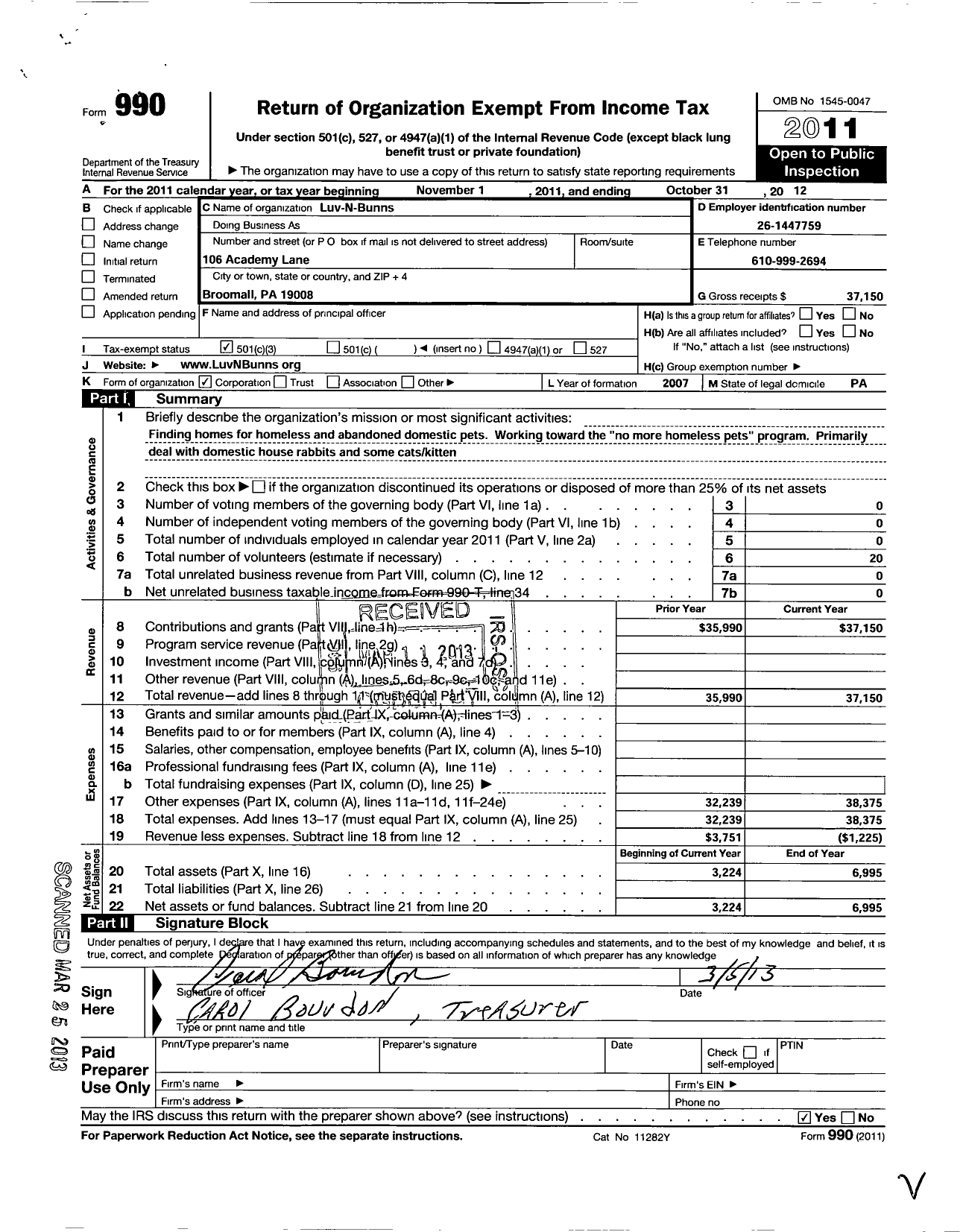 Image of first page of 2011 Form 990 for Luv-N-Bunns