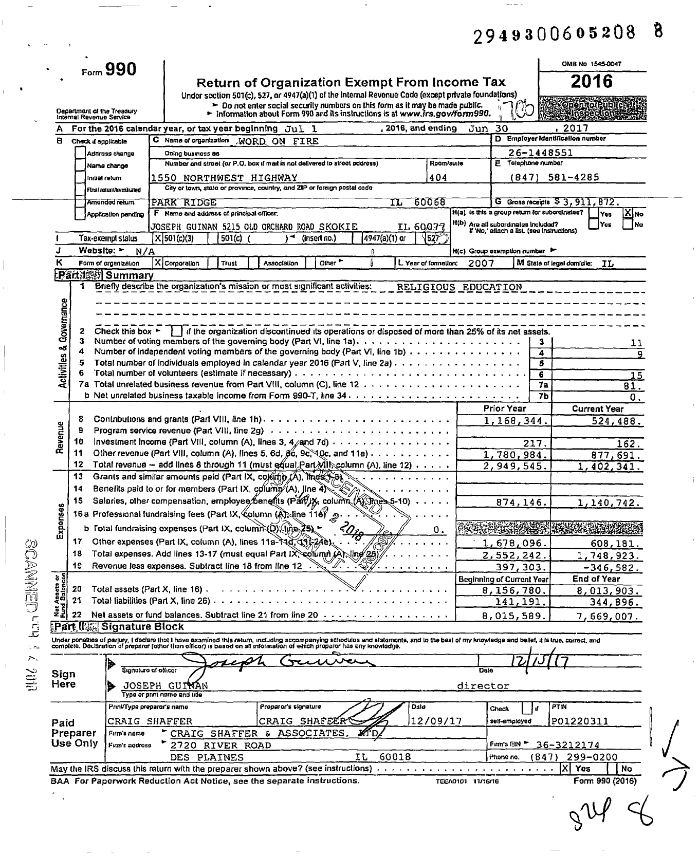 Image of first page of 2016 Form 990 for Word on Fire