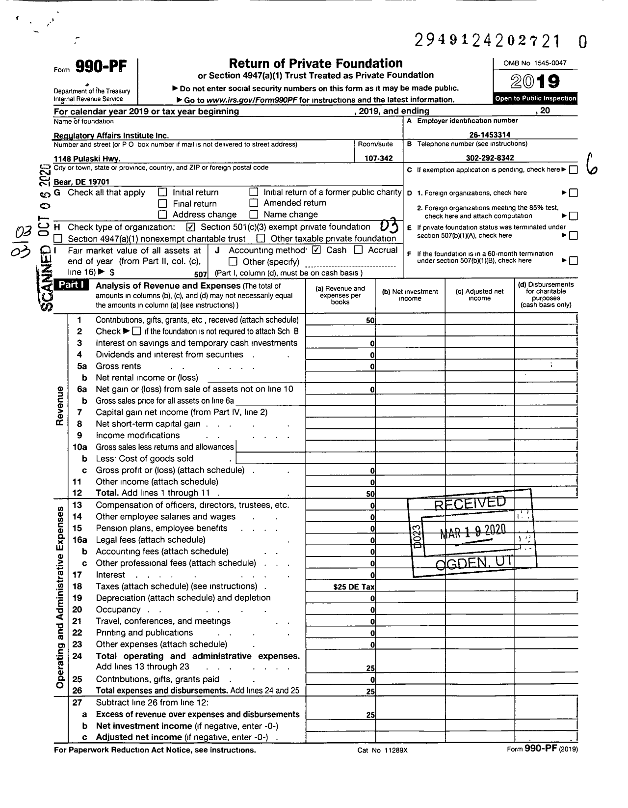 Image of first page of 2019 Form 990PR for Regulatory Affairs Institute